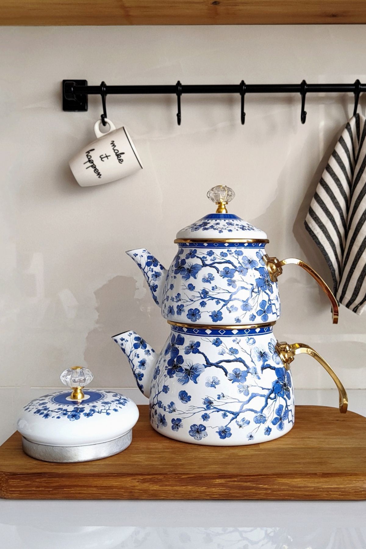 PORLİSTAN Çift Kapak Mavi Çiçek Emaye Çaydanlık Takımı, Gold Saplı Emaye Çaydanlık Seti