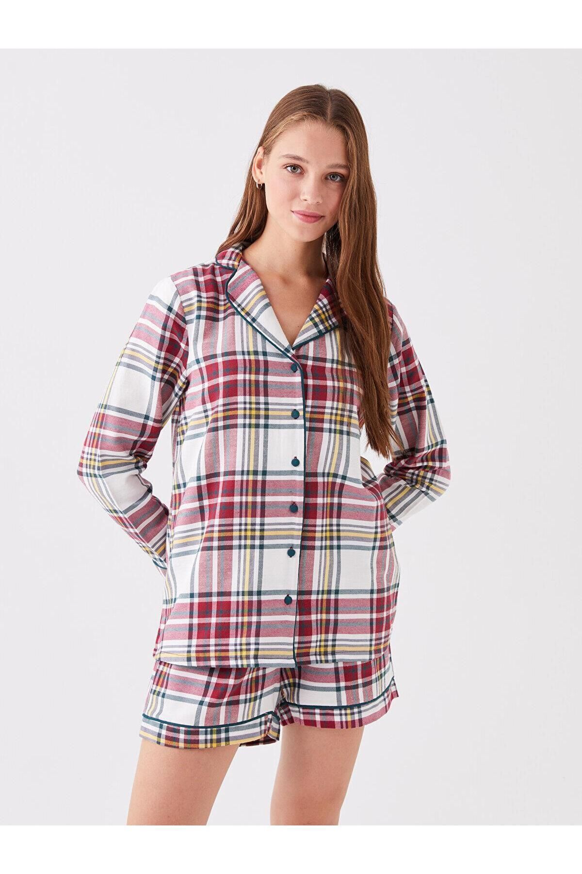 LC Waikiki LCW DREAM Gömlek Yaka Ekose Uzun Kollu Kadın Şortlu Pijama Takımı