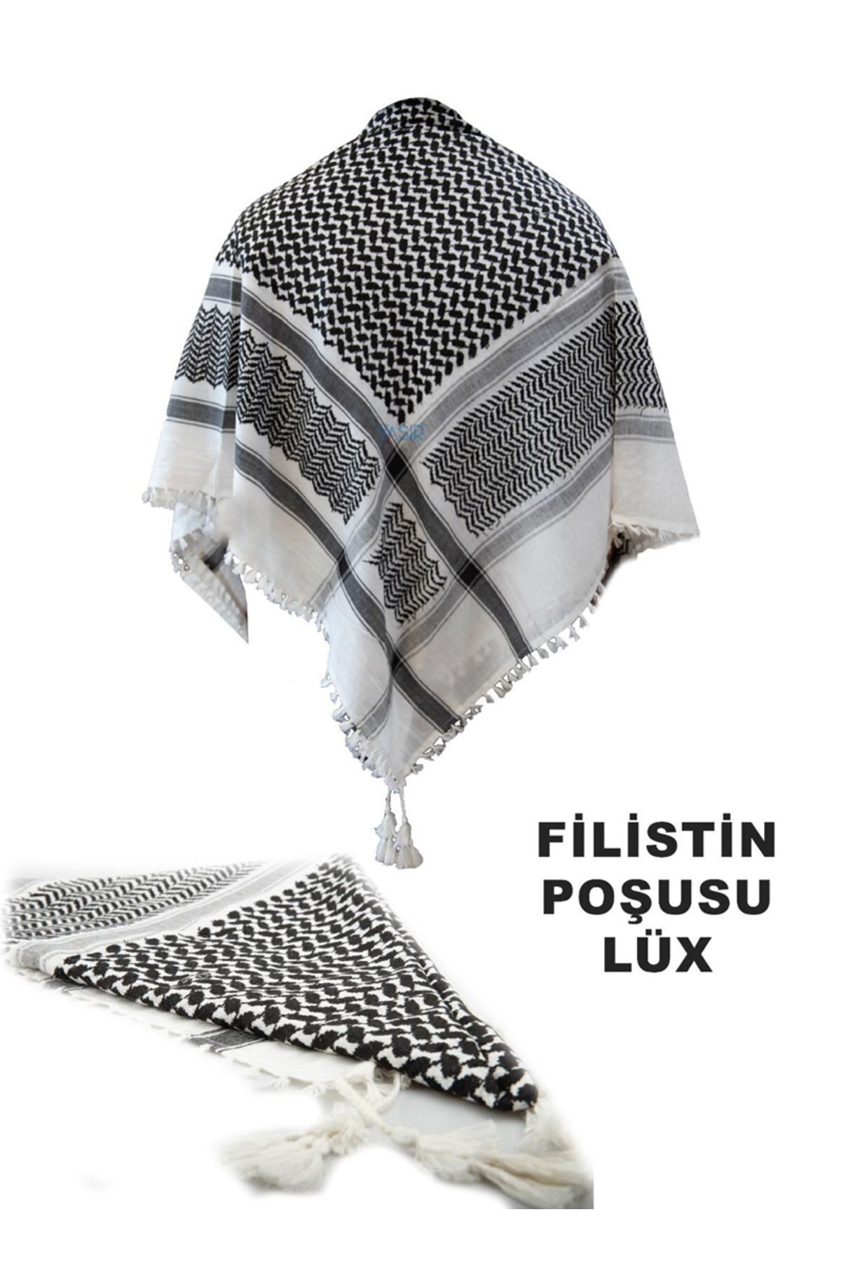 BYZ Leather Delux Siyah Beyaz Filistin Puşisi Rekli Eko Kefiye Filistin Eşarp Poşo (130*130)