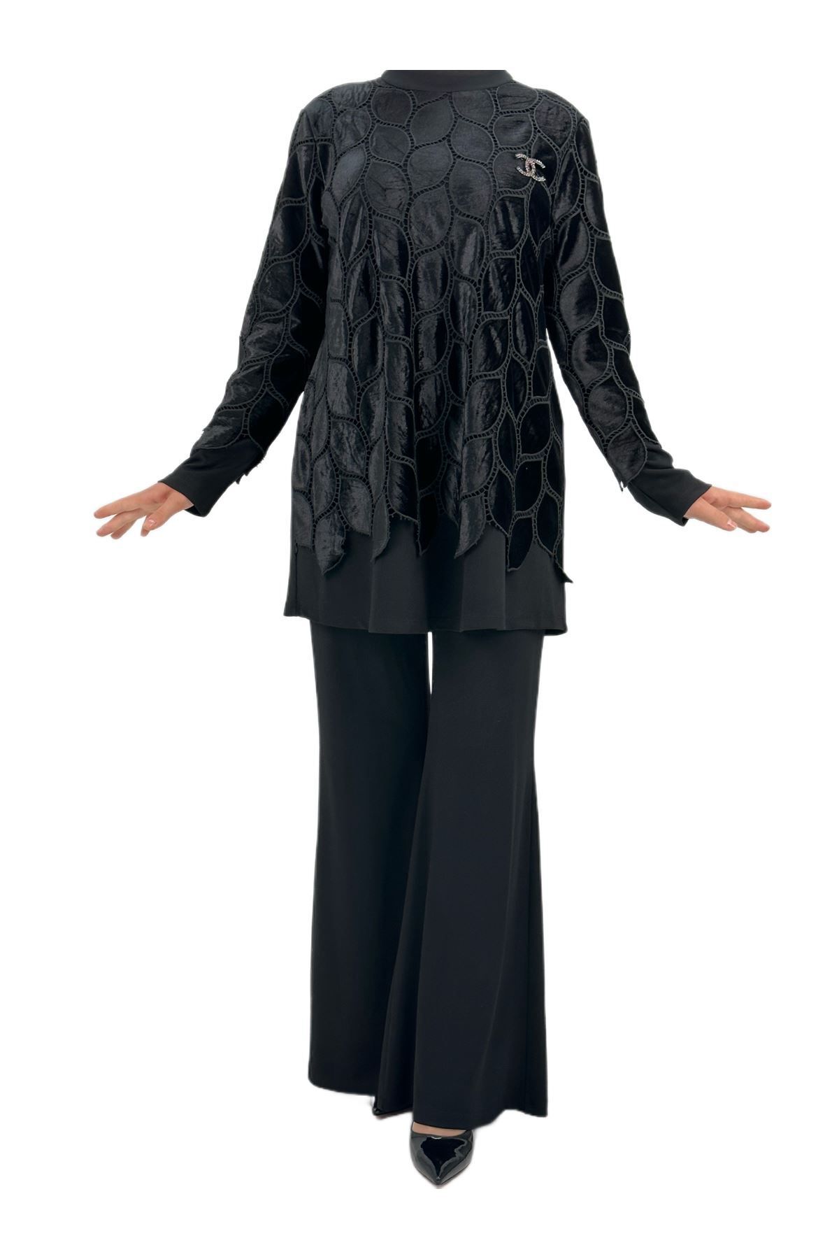 ottoman wear OTW1940 Kadife Yapraklı Takım Siyah