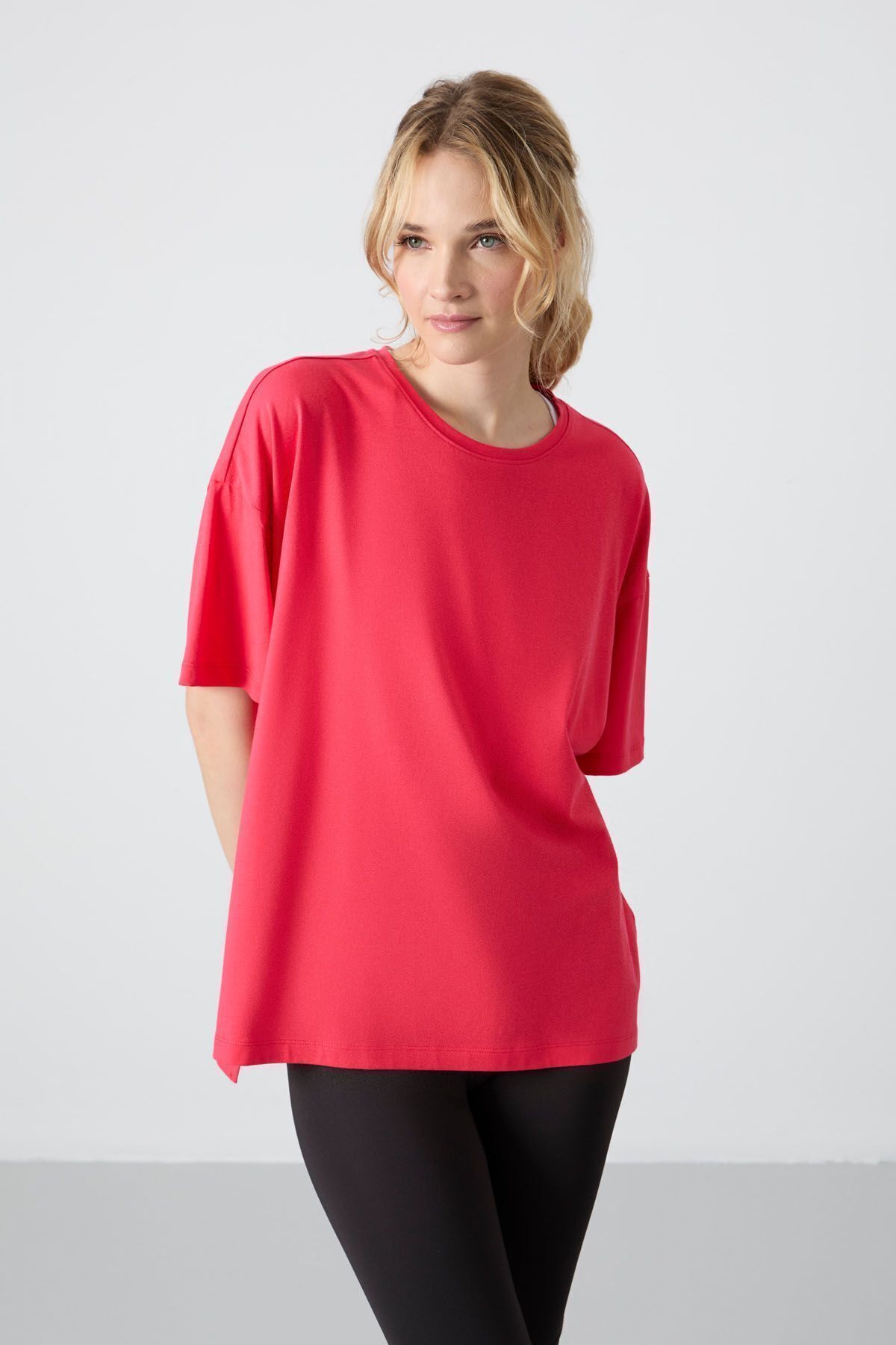 TOMMY LIFE Rose Penye Modal Yumuşak Tuşeli Oversize Fit Basic Kadın T-Shirt- 97285
