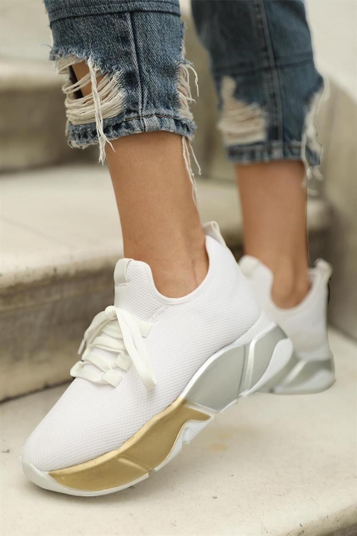 Madamra Beyaz-platin Kadın Bağcık Detaylı Fileli Sneaker Ve Günlük Spor Ayakkabı
