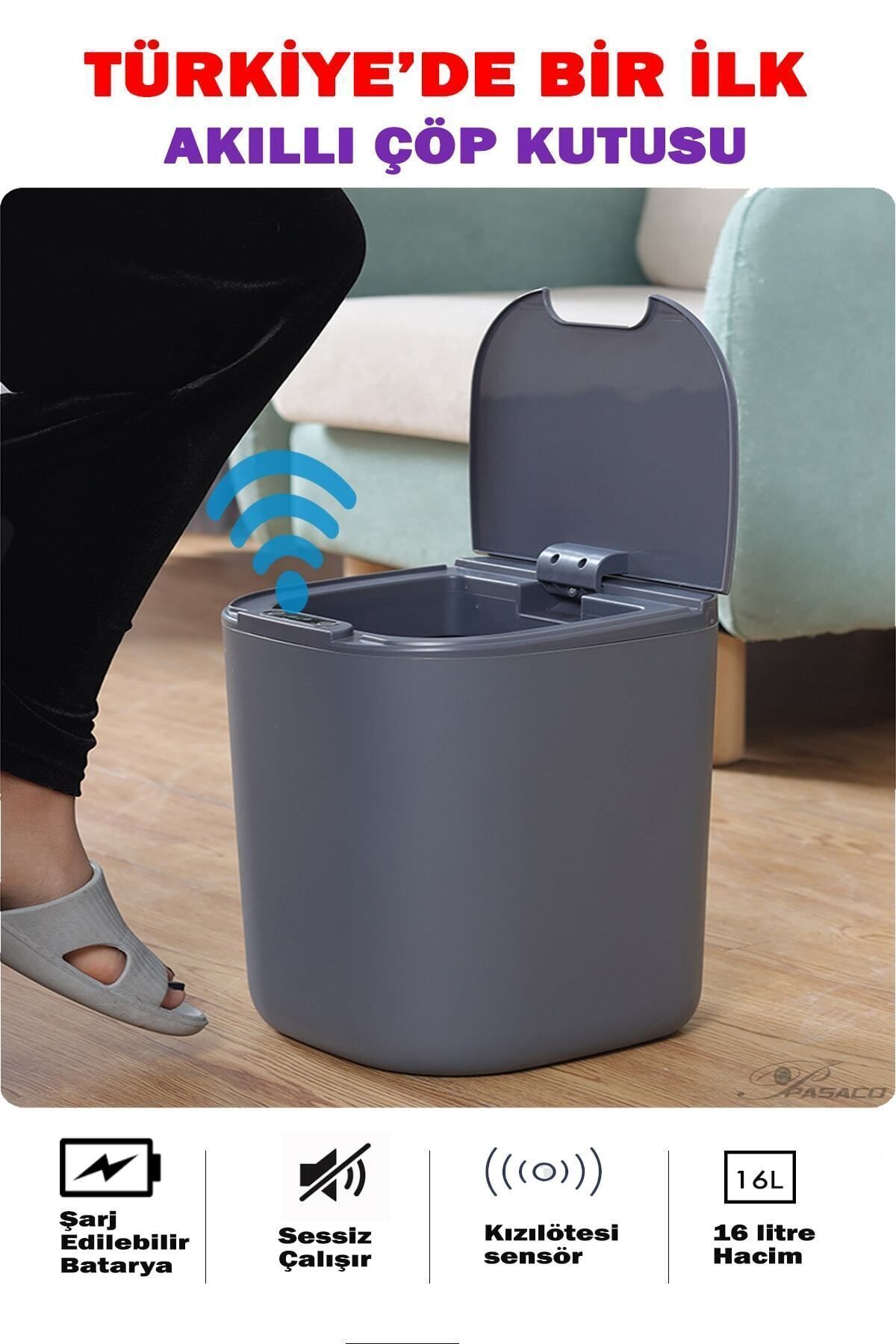 PASACO Akıllı Teknolojik Şarj Edilebilir Çöp Kutusu Otomatik Sensörlu Çöp Tenekesi Şarjlı Çöp Kovası 16l