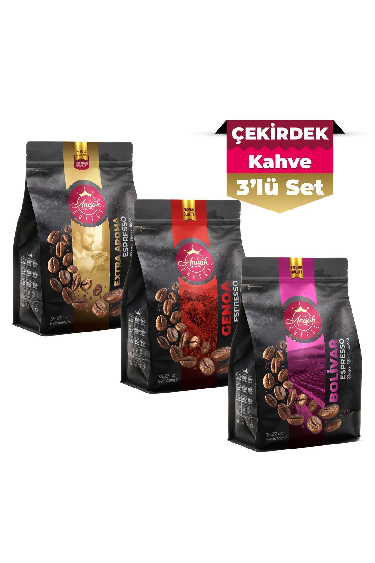 Anisah Coffee Premium Karışım Espresso Kahve Çekirdek Seti | 3 X 1000g | Bolivar, Genoa, Extra Aroma