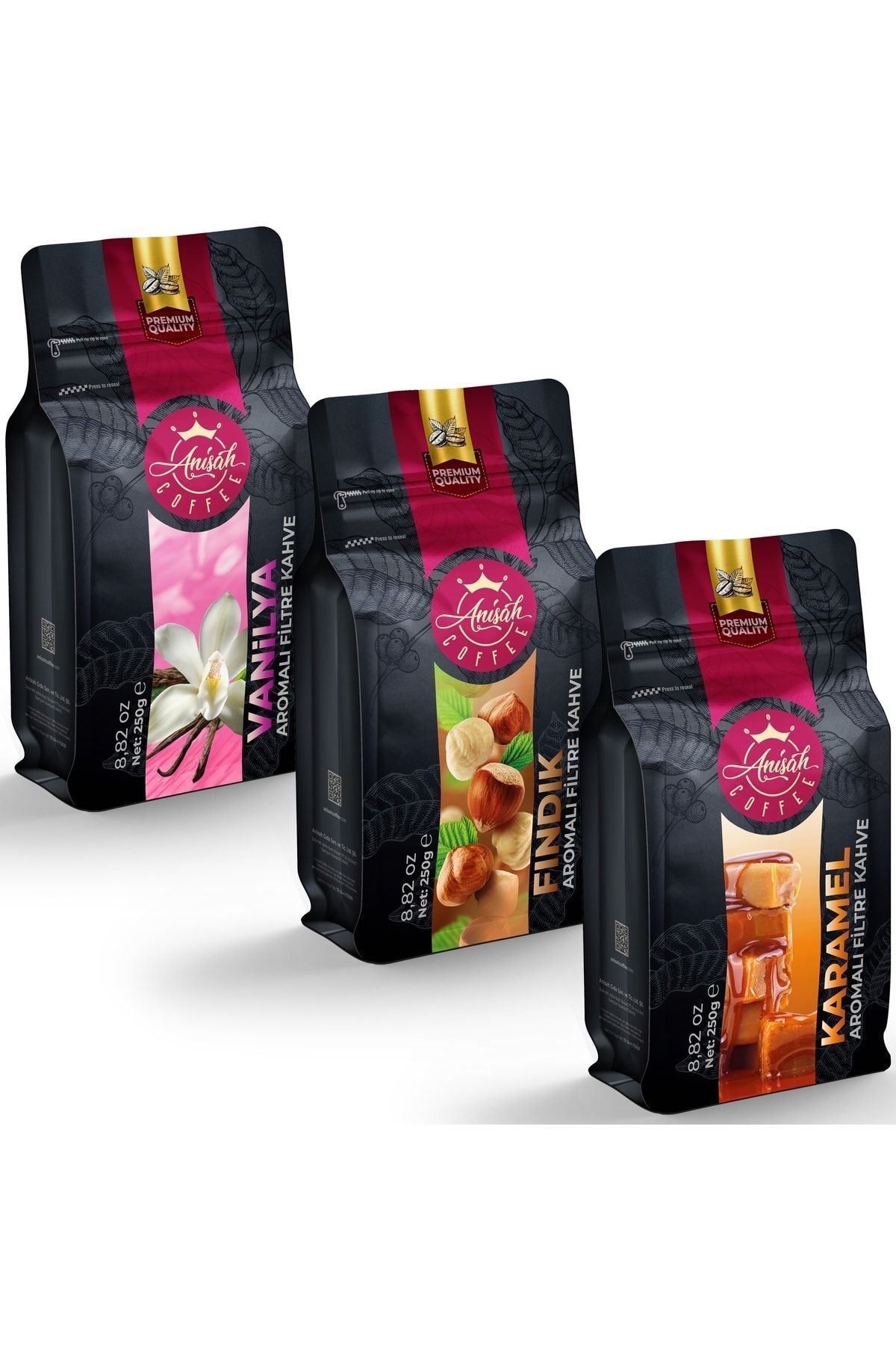 Anisah Coffee Aromalı Filtre Kahve Set 3 X 250 Gram Fındık Vaniya Karamel