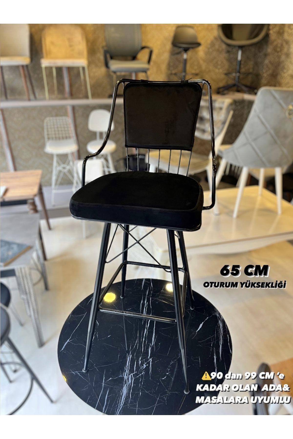 Sandalye Shop Yeni Reina Bar Sandalyesi Babyface Kumaş 65 cm Siyah.90 ile 99 cm arası Ada&Masalara uyumlu