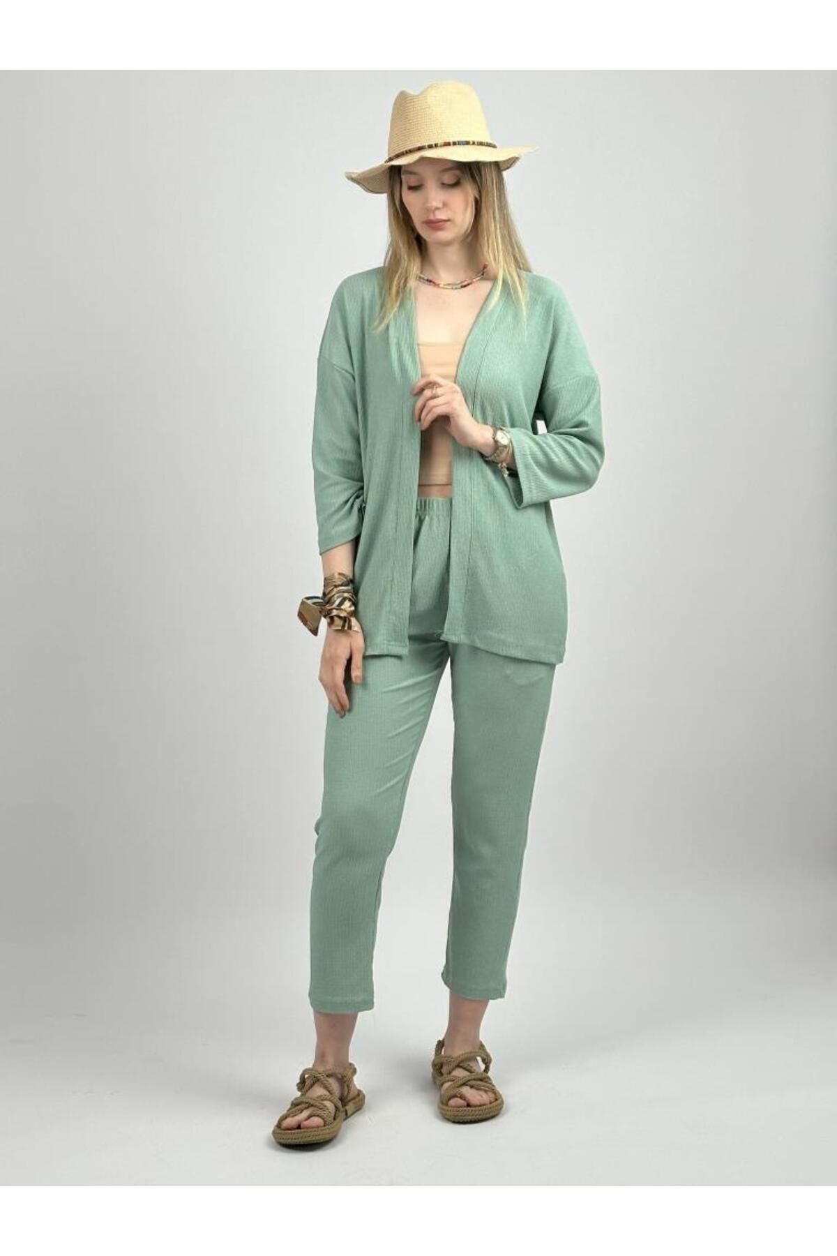 Betimoda Kadın Pantolonlu Alt Üst Ikili Kimono Takım Rahat Kalıp Mint Yeşili