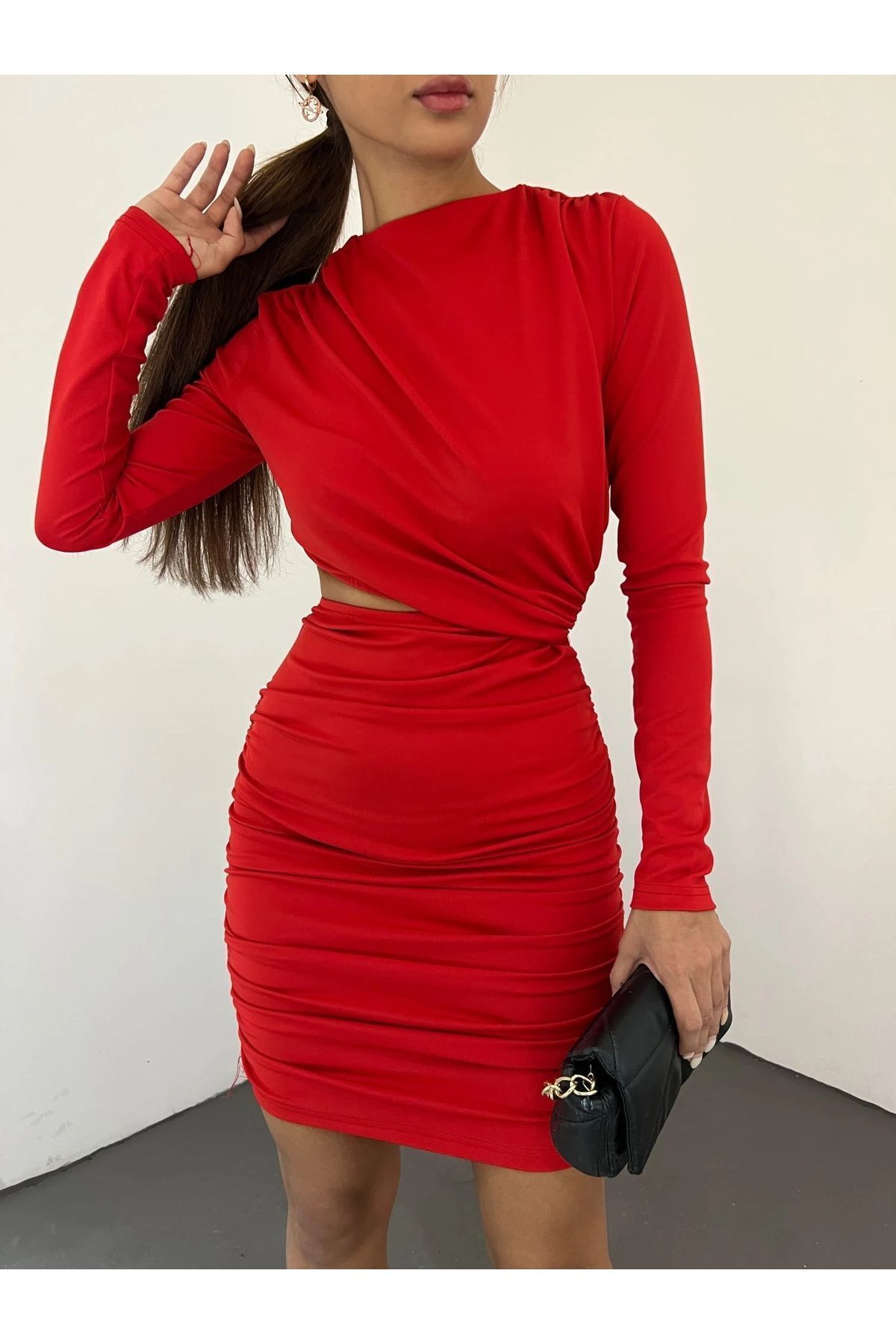 Elora Bel Detaylı Kırmızı Elbise