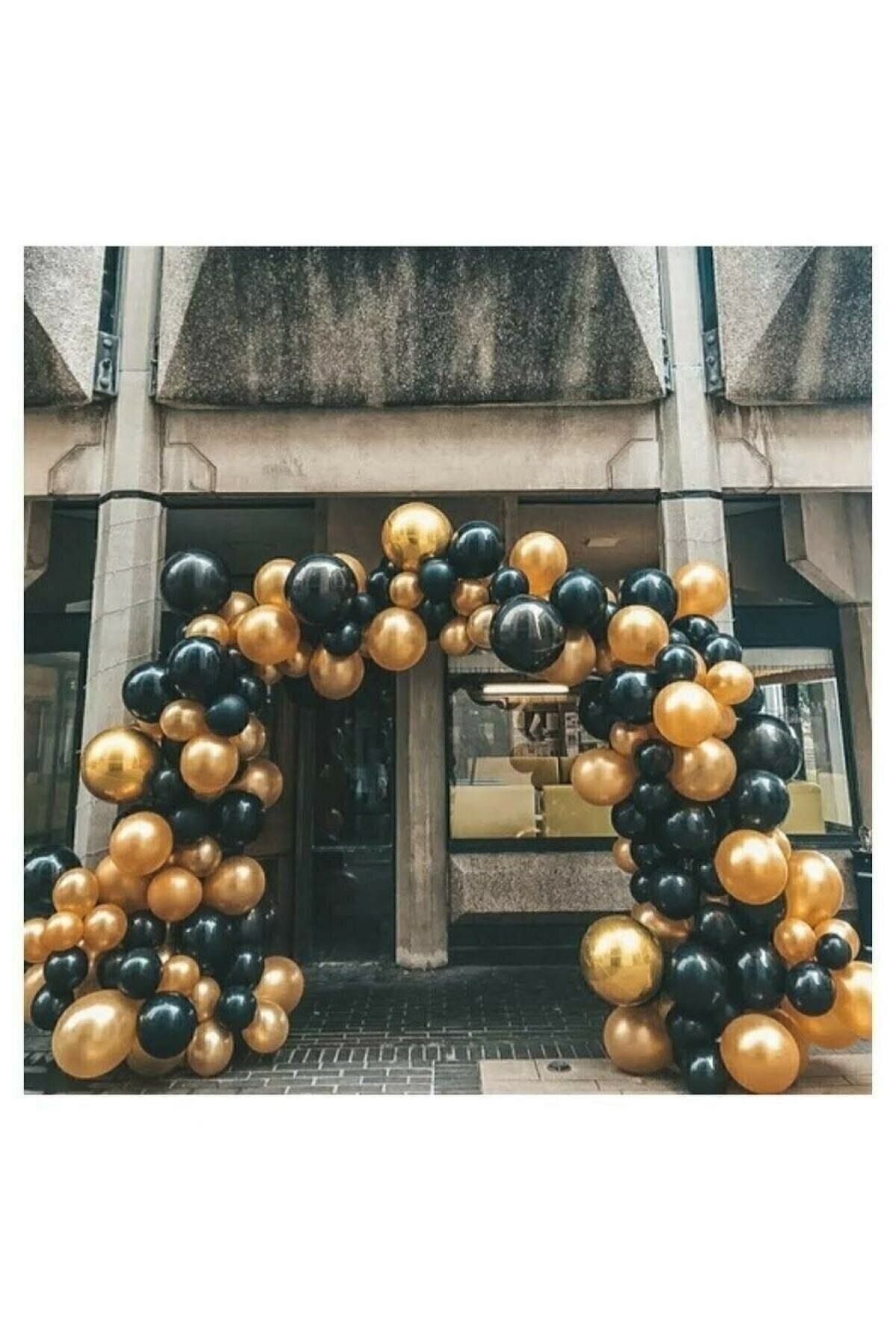 BalonEvi 50 Adet 12 Inç Parti Balonu Metalik Gold - Pastel Siyah + 5 Mt Balon Zinciri