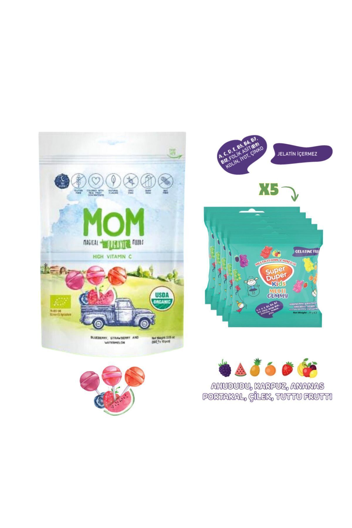 Durukan Şekerleme Mom Organik Lolipop Meyveli C Vitaminli & Multivitamin 58g ve Mineralli Jelibon (Kids Gummy) 5x20g