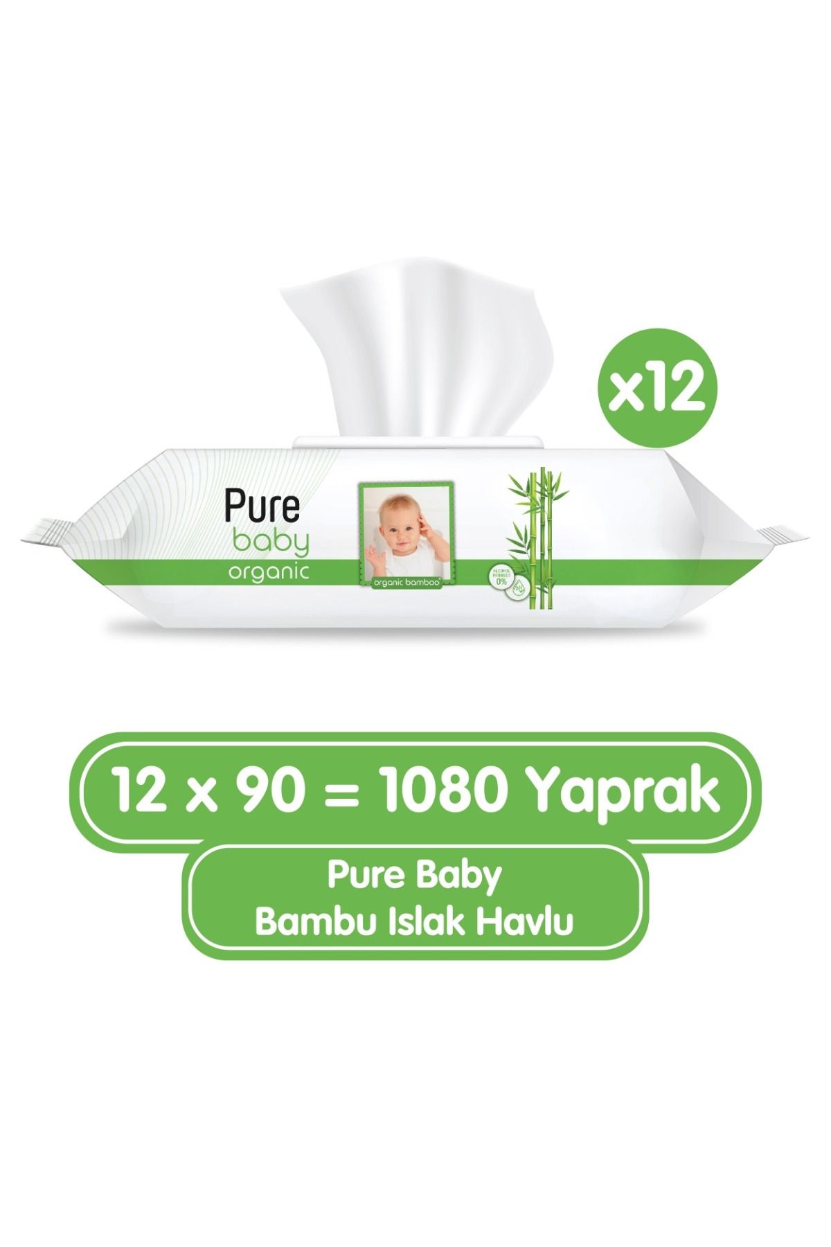 Pure Baby Organik Bambu Özlü Islak Havlu 12×90 (1080 YAPRAK)