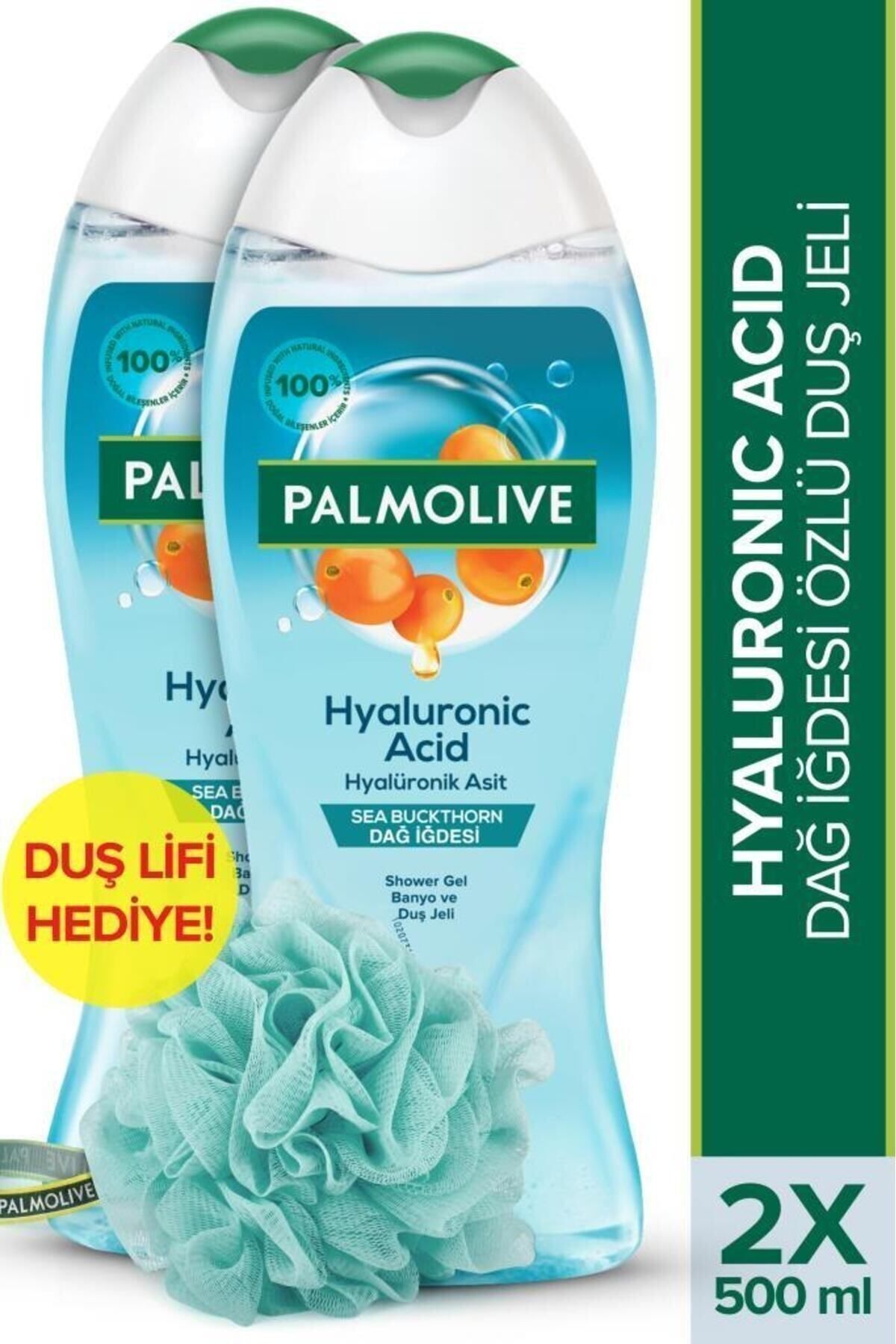 Palmolive Hyaluronic Acid Doğal Dağ İdesi Özlü Banyo ve Duş Jeli 500 ml x2 Adet + Duş Lifi Hediye