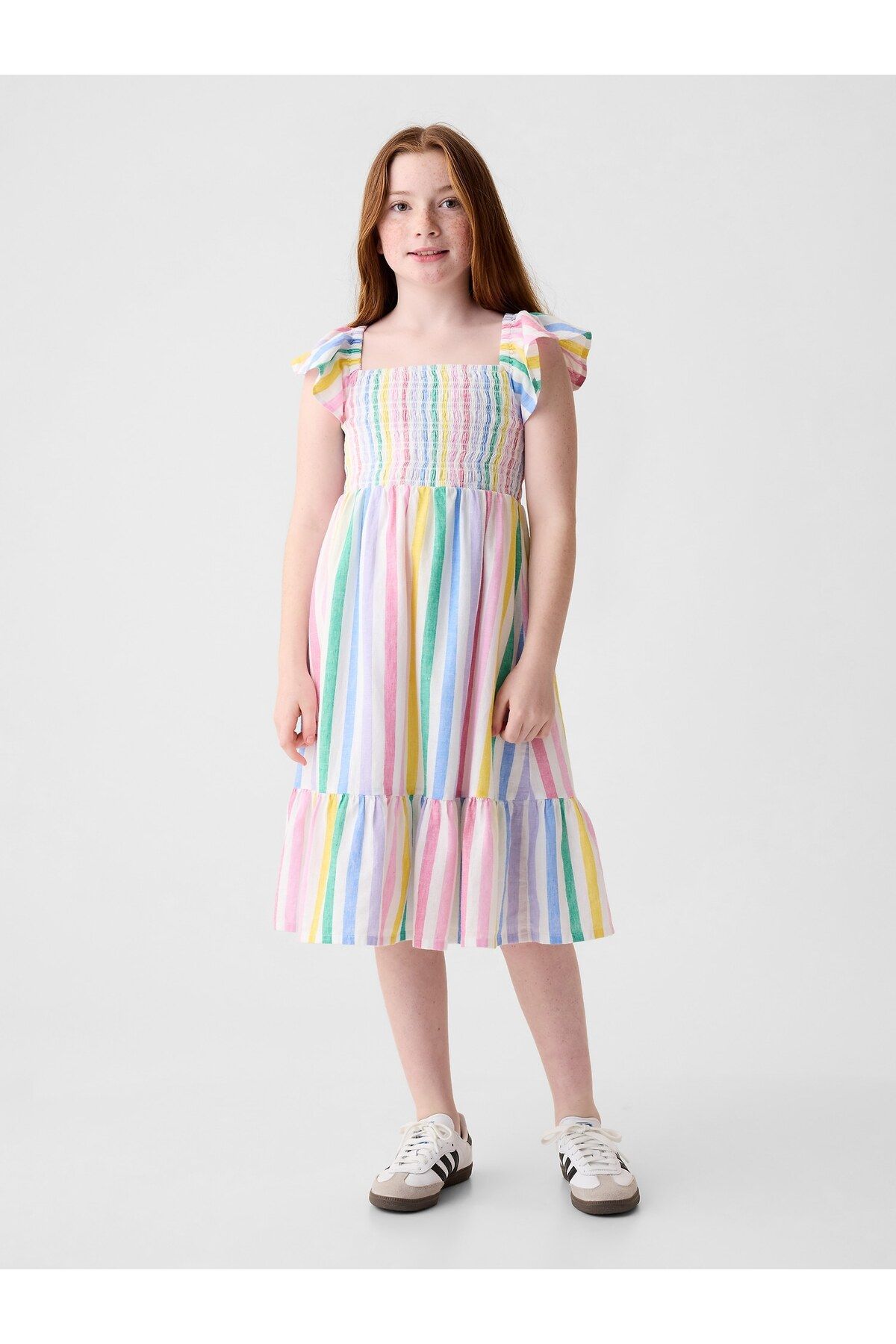 GAP Kız Çocuk Çok Renkli Keten Karışımlı Fırfır Kollu Desenli Elbise