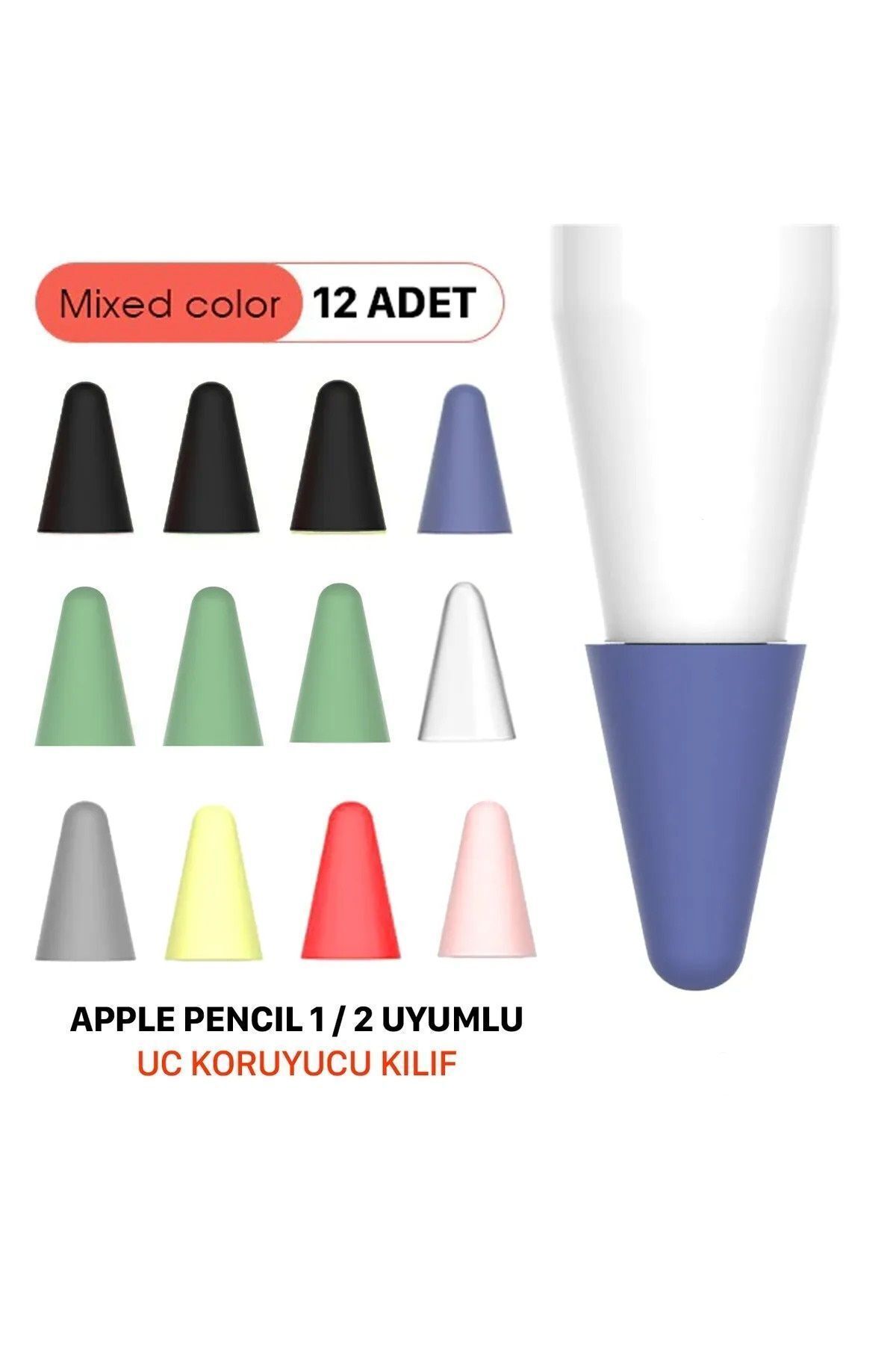 gökmer Apple Pencil İpad 1. Ve 2. Nesil Kalemi İle Uyumlu Kalem Ucu Koruyucu Silikon UÇ 12 adet Renkli