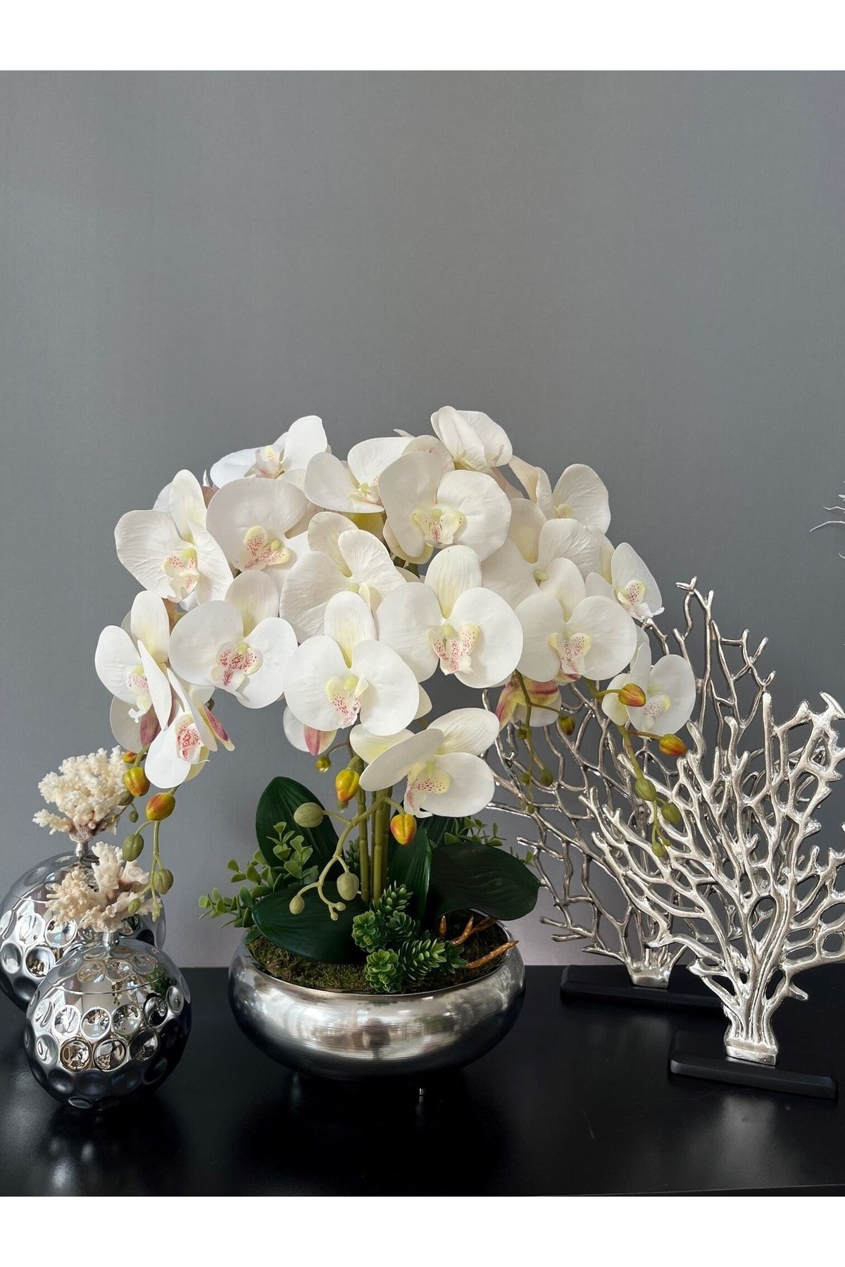 LİLOTEHOME Yapay Orkide 6 Dal Luxury Islak Beyaz Ufo Model Parlak Gümüş Renk Saksı