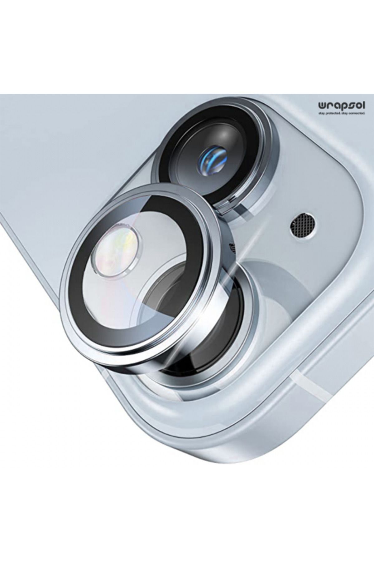Wrapsol iPhone 15 Mavi Kamera Lens Koruyucu Kolay Uygulama Aparatlı