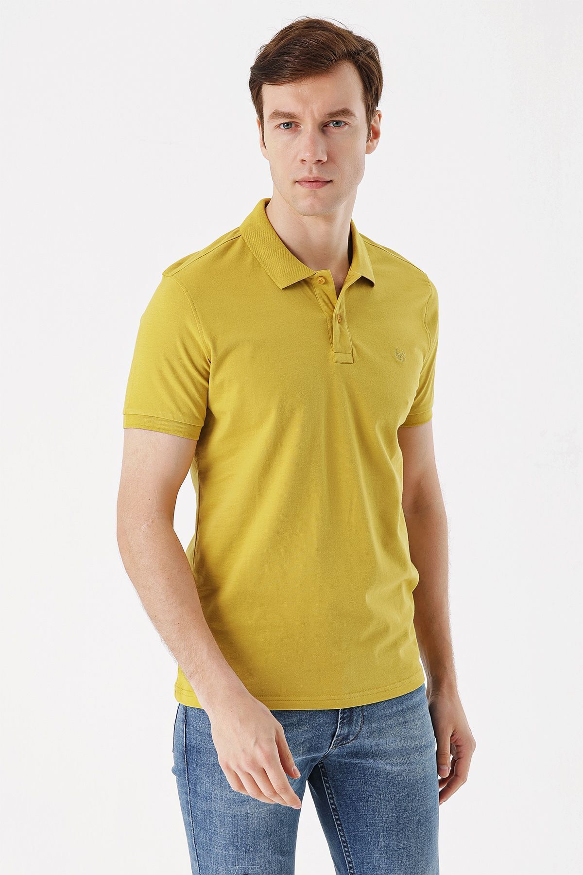 Morven Erkek Limon Küfü Basic Düz %100 Pamuk Slim Fit Dar Kesim Kısa Kollu Polo Yaka Tişört