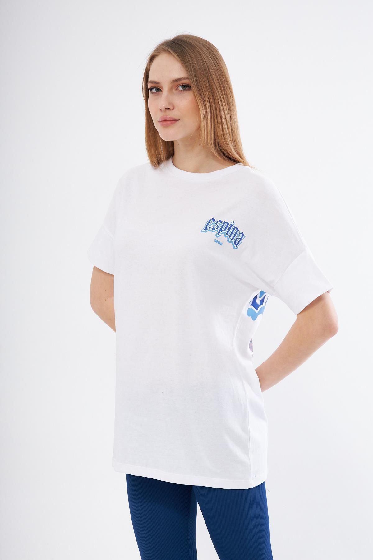 LİVE SPORT Kadın Ön Logo Ve Sırt Baskılı Pamuklu Oversize T-shirt - Beyaz