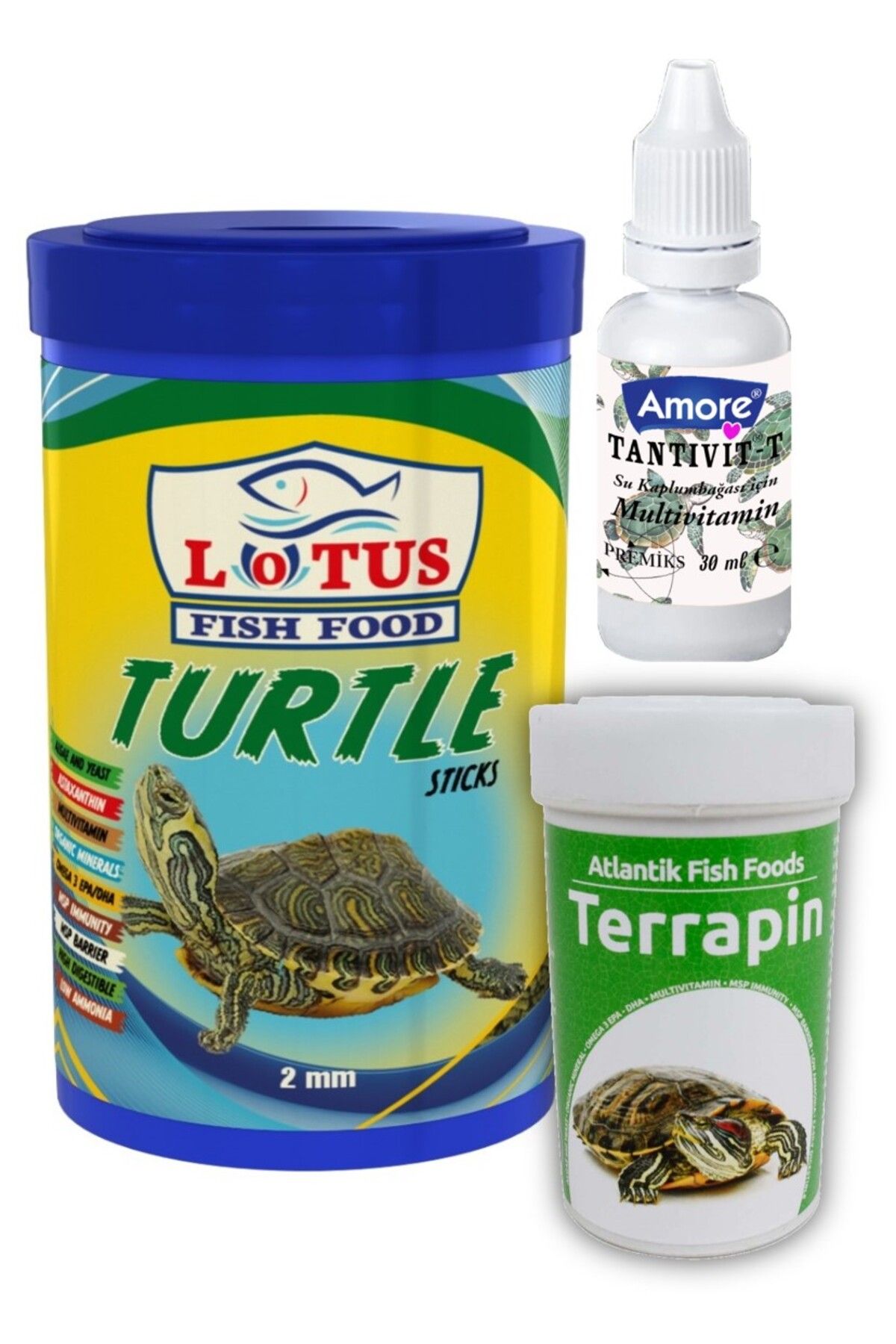 Lotus Kaplumbağa Yemi 1000ml, terrapin 100 ml Turtle Sticks, Multivitamin Seti