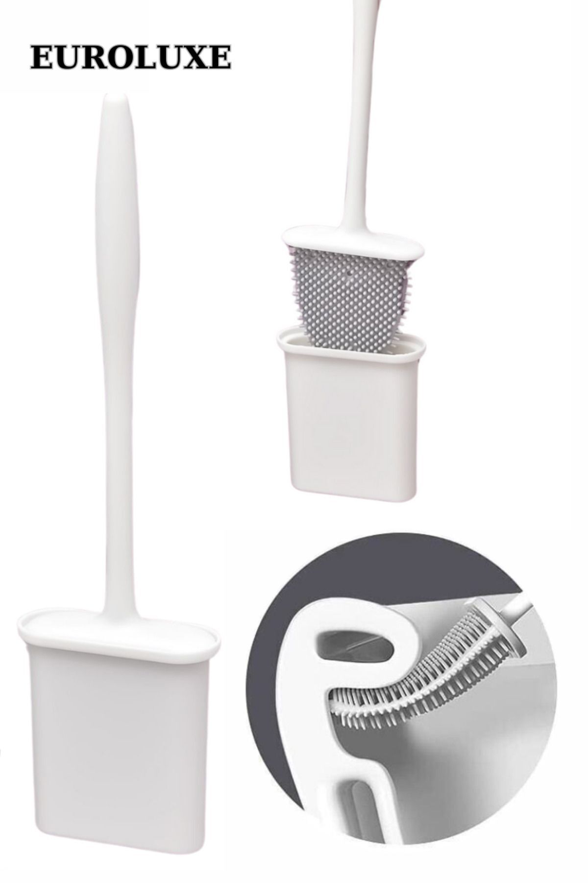 EUROLUXE Beyaz Renk Silikon Tuvalet Fırçası Set Bükülebilir Pratik Silikon Fırça Wc Klozet Fırçası