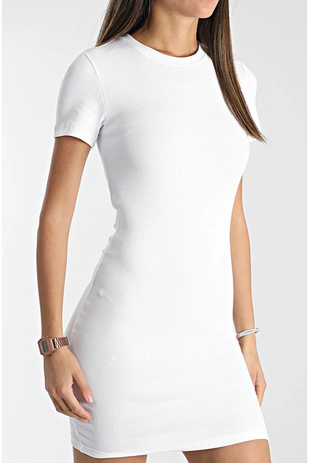 KaSheHa Beyaz Kaşkorse Kumaş Vücuda Oturan Fitilli Full Esnek Mini Elbise 85 Cm