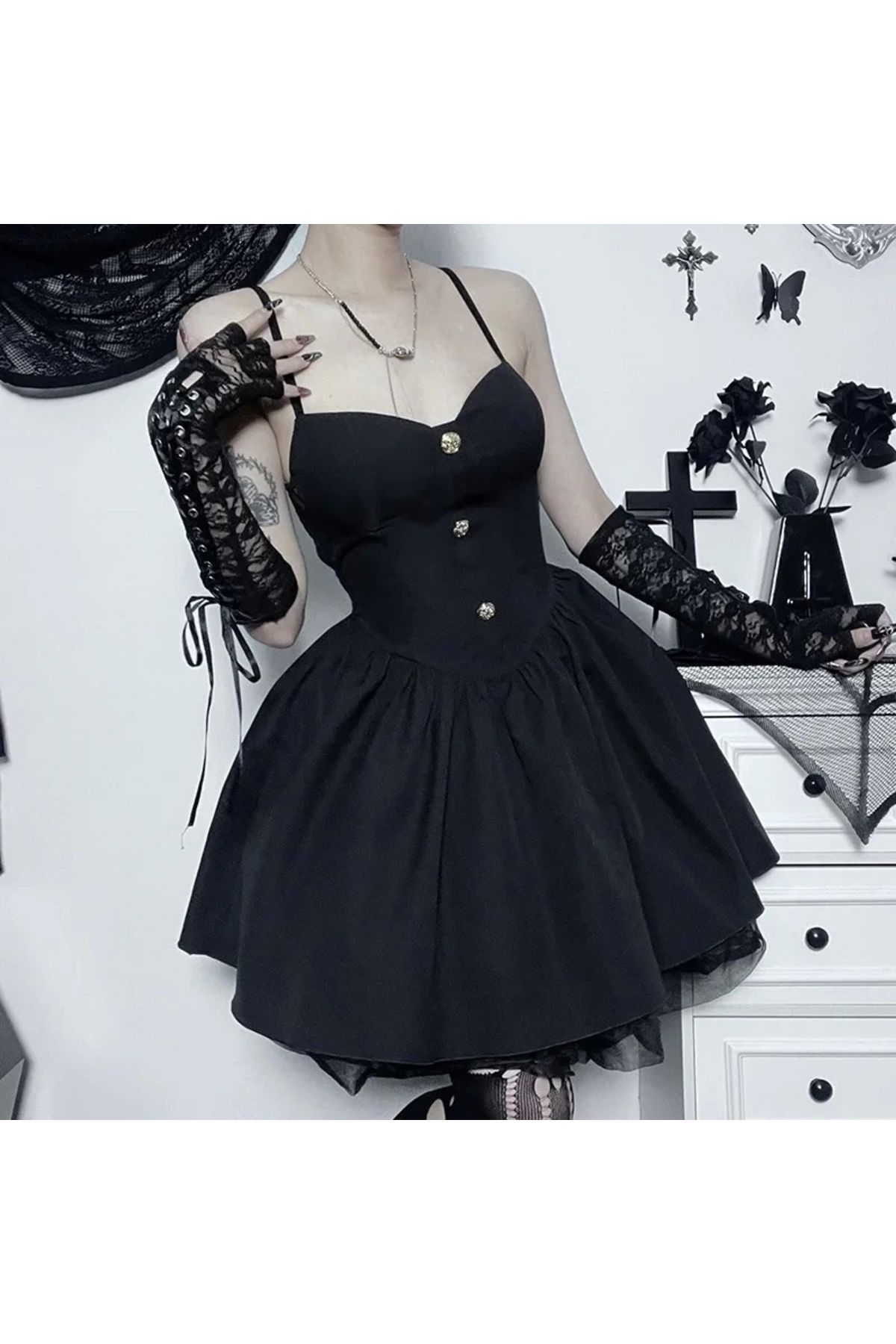 DarkellaStore Gotik Gothic Düğmeli Kloş Askılı Elbise