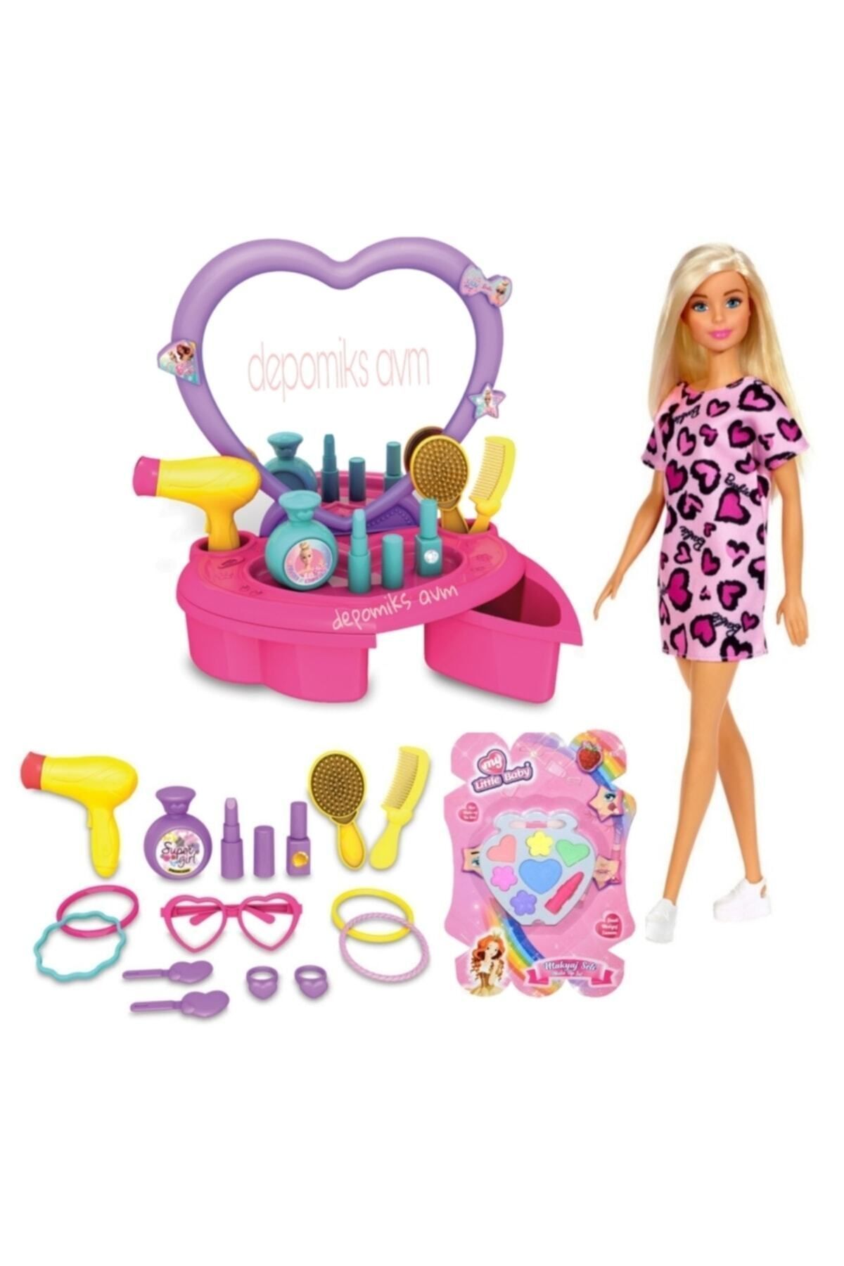 Depomiks Avm Oyuncak Bebek Barbie + Barbie Güzellik Salonu + Mini Makyaj Seti