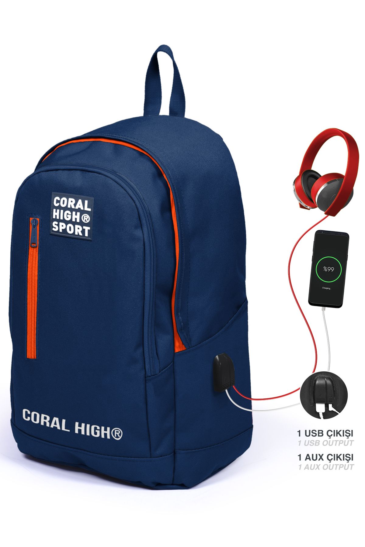 Coral High Sport Lacivert Üç Bölmeli Usb Şarjlı Kulaklık Çıkışlı Sırt Çantası 23232
