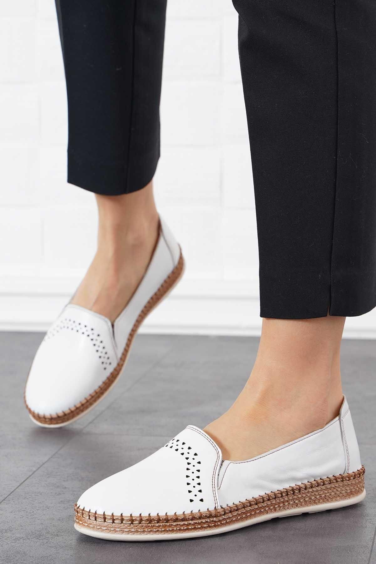 Moda Pie Nestro Ayna Lazerli Hakiki Deri Kadın Ayakkabı Beyaz Cilt