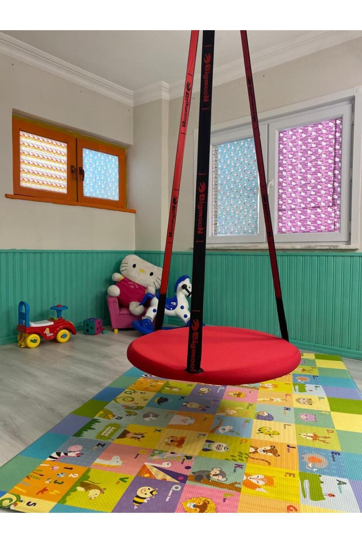 Jeromekids Çocuk ve Yetişkin Tavana Asılan Dış Mekan Mekanizmalı Kırmızı Dönen Salıncak