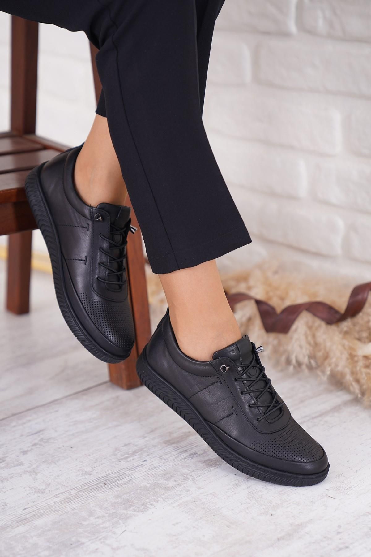 Moda Pie Dyman Ayna Zımbalı Bağ Hakiki Deri Kadın Ayakkabı Siyah Cilt