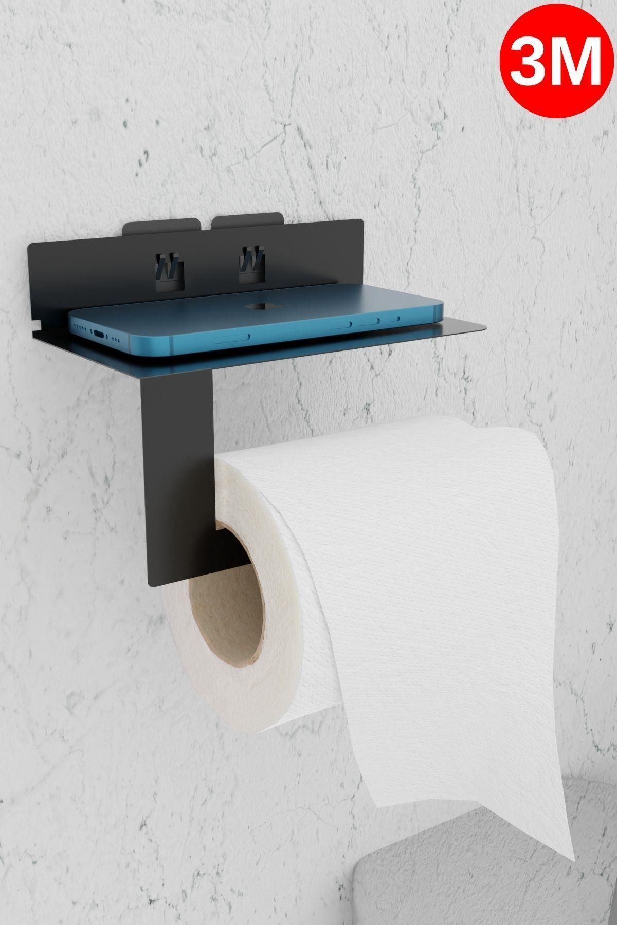 risingmaber Metal Siyah Ultra Güçlü Yapışkanlı Telefon Tutacaklı Tuvalet WC Kağıtlık MT92S