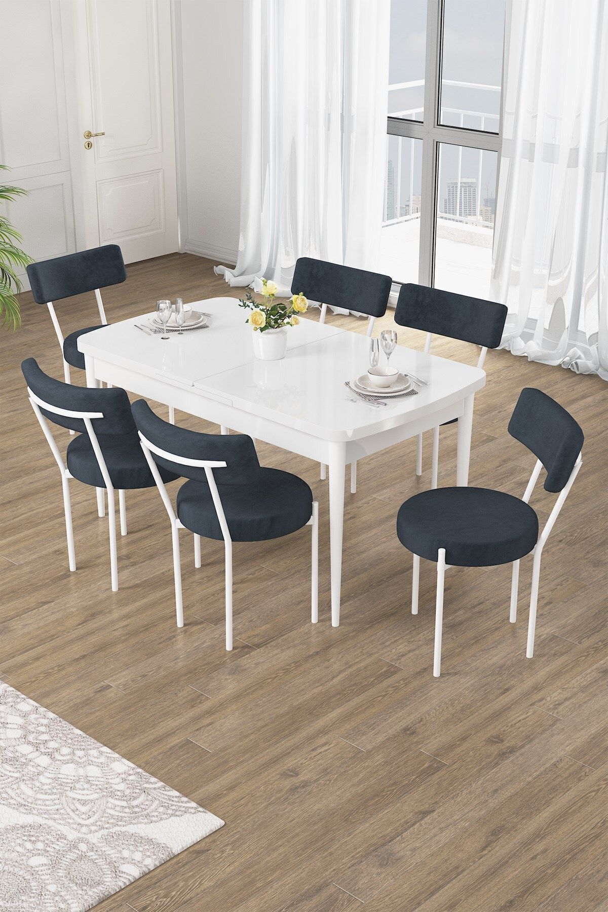 Canisa Puka Serisi 80x132 Açılabilir Beyaz Mutfak Masası Takımı 6 Antrasit Sandalye