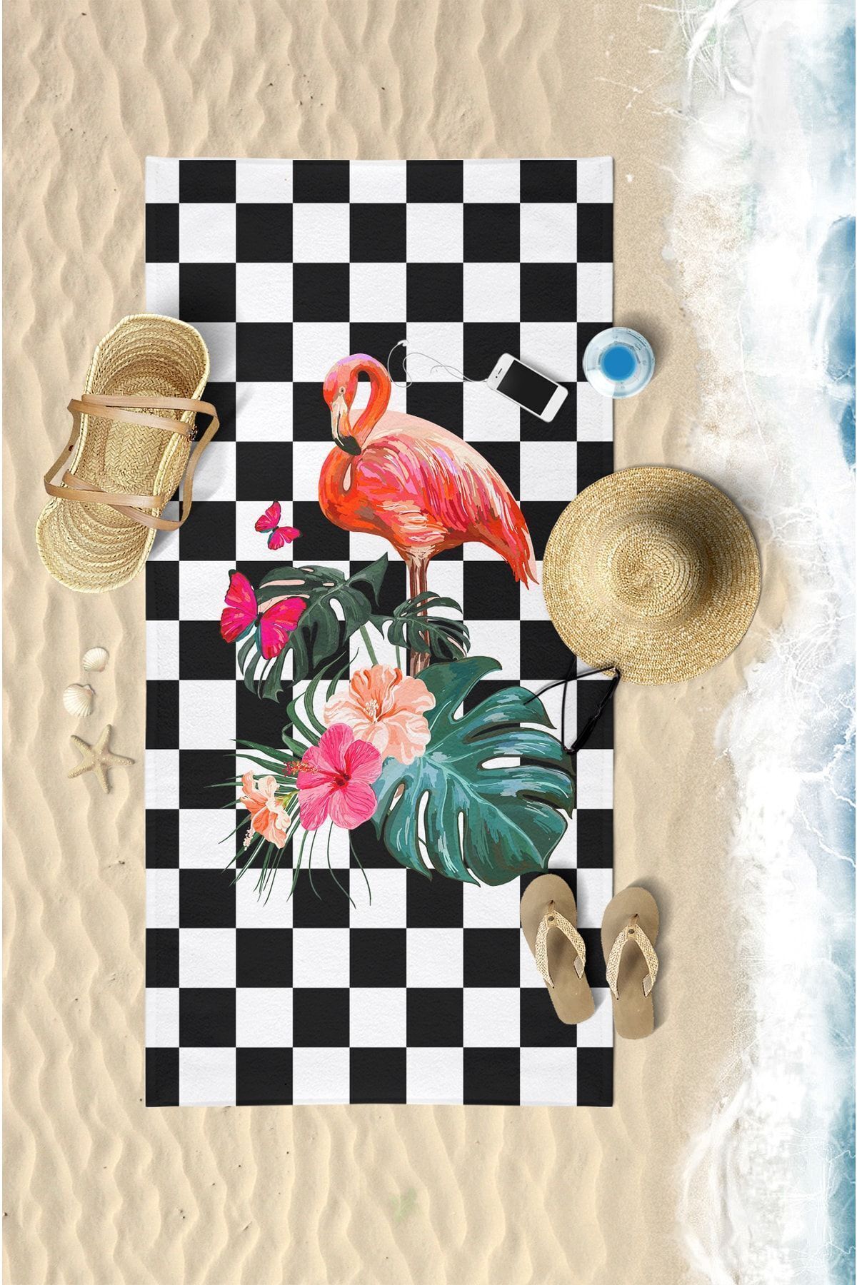VevienHome Flamingo Dama Desenli Dijital Baskılı 75x150 Cm Plaj Havlusu