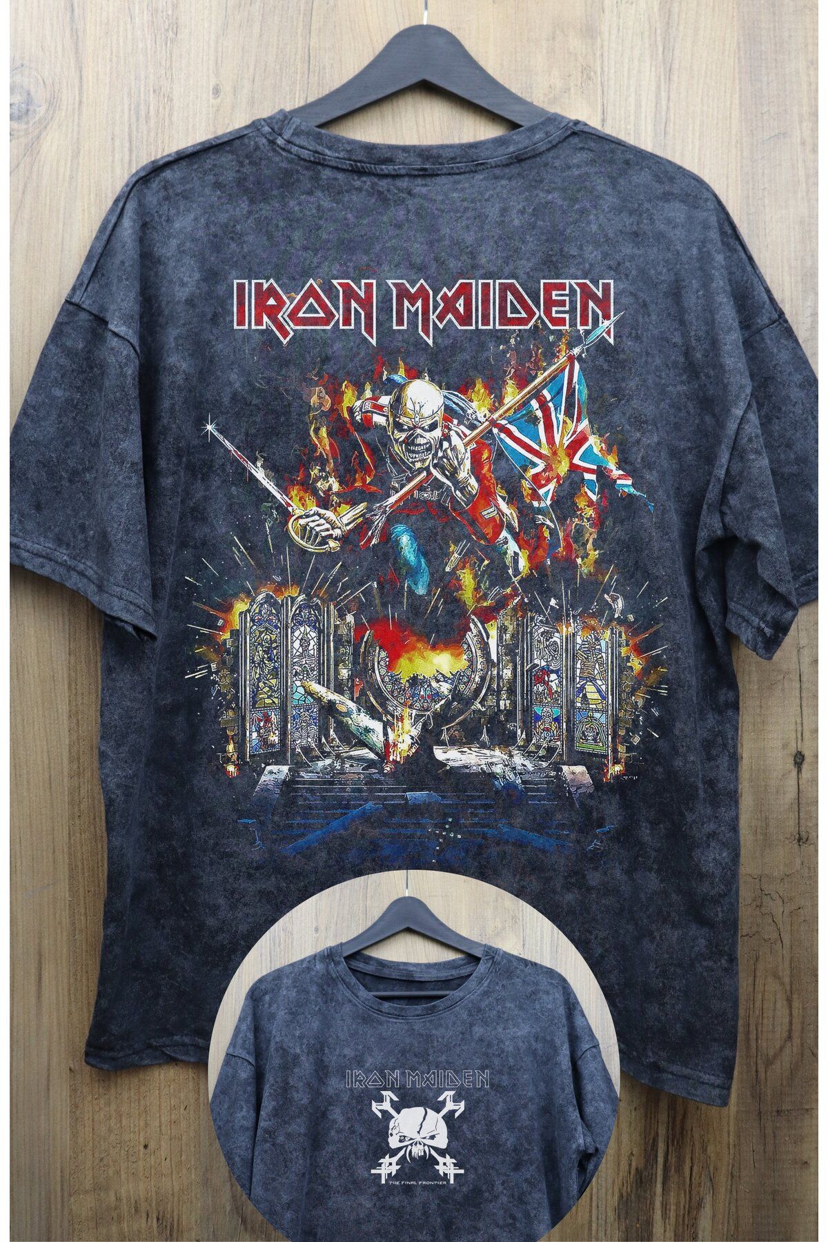 Fuddy Moda Unisex Iron Maiden Sırt Baskılı Yıkamalı Tişört, Oversize Rock-Metal Baskılı Retro T-Shirt