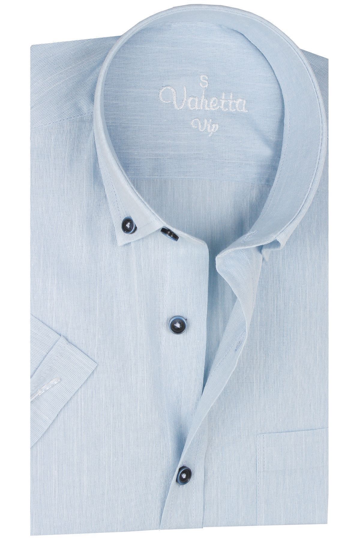 Varetta Erkek Gök Mavi Keten Pamuklu Cepli Yazlık Kısa Kollu Gömlek Cotton Gömlek