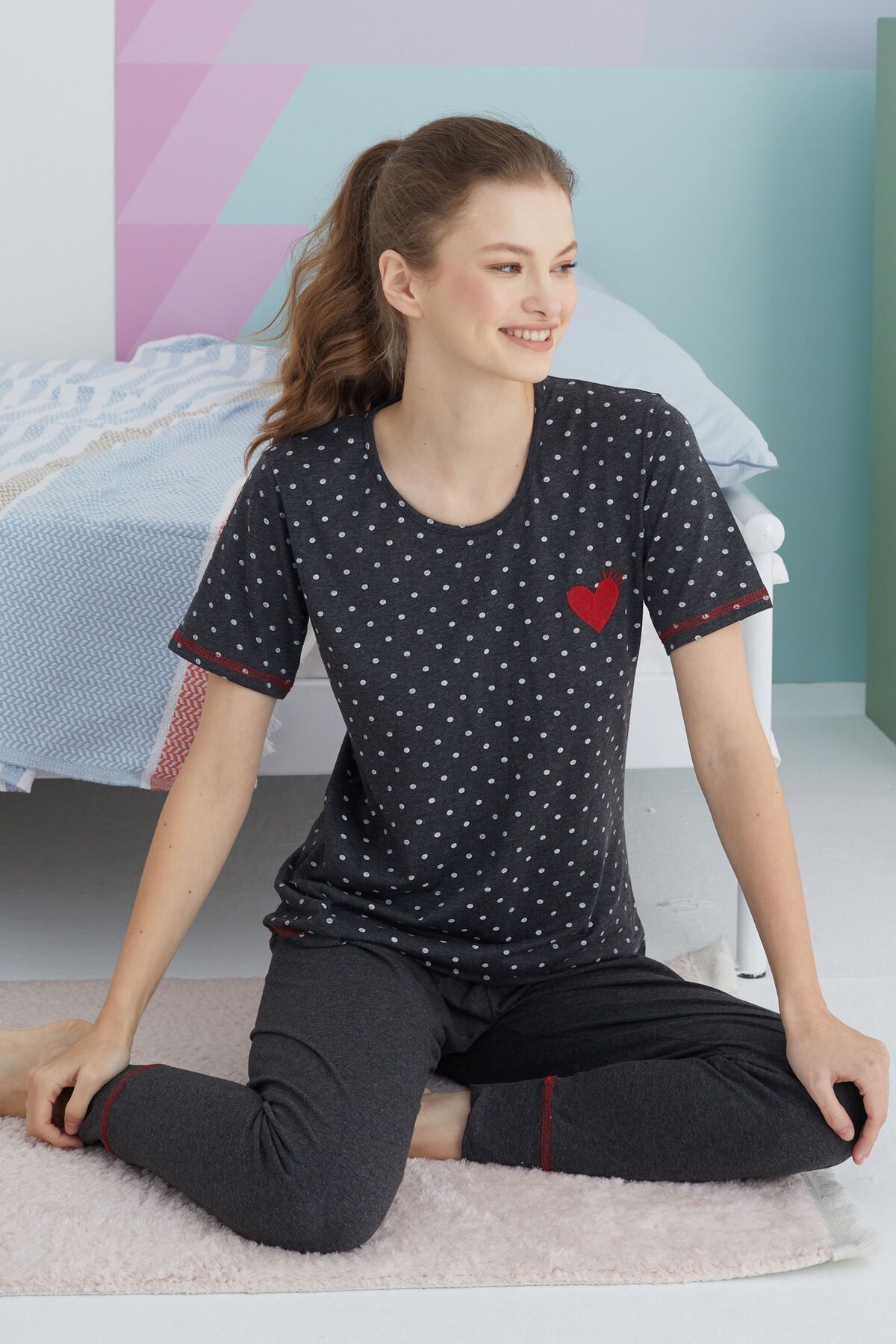 Siyah İnci antrasit Pamuklu Örme Pijama Takım