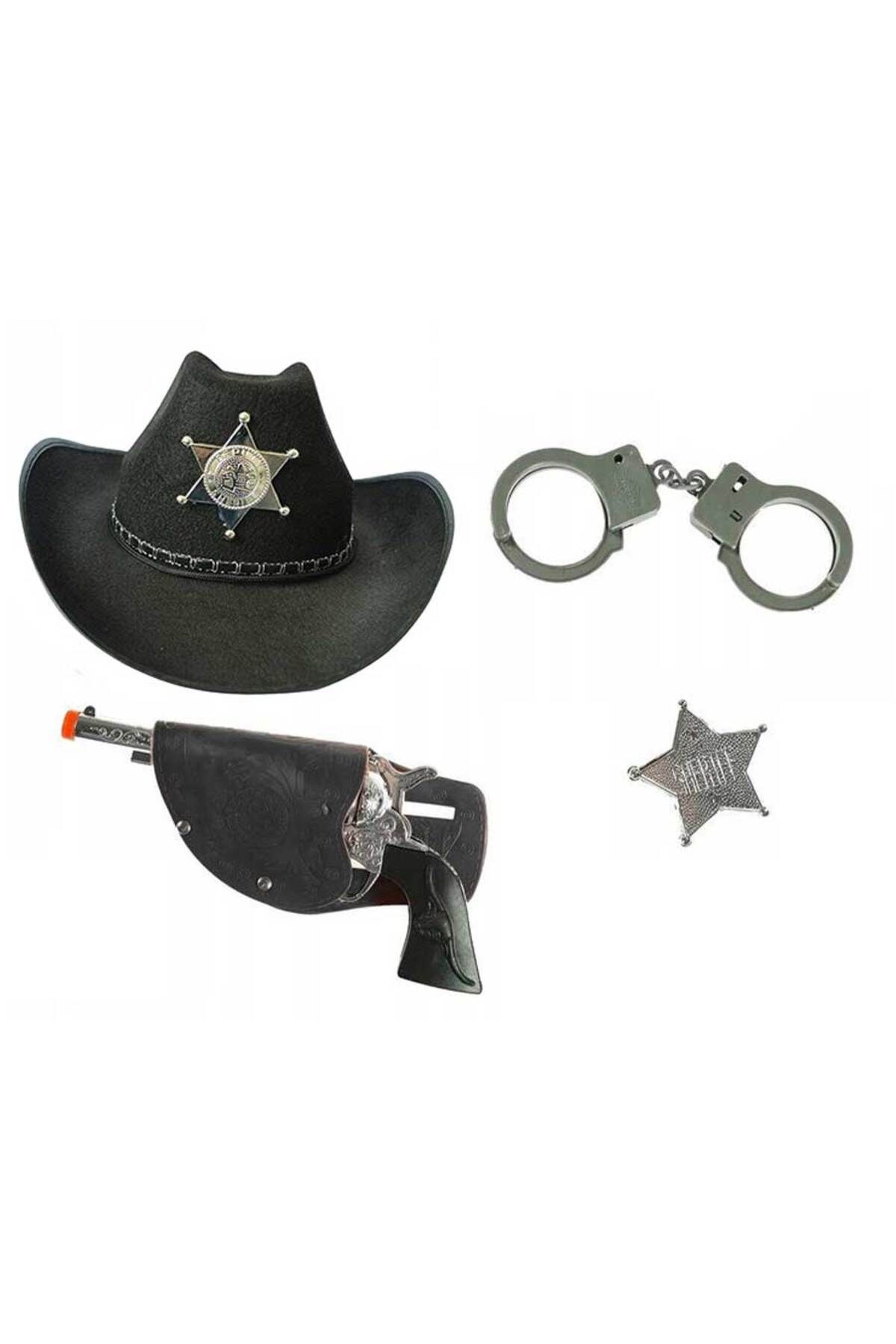 ToptanGidiyor Çocuk Boy Siyah Şerif-Kovboy Şapka Tabanca Rozet ve Kelepçe Seti 4 Parça