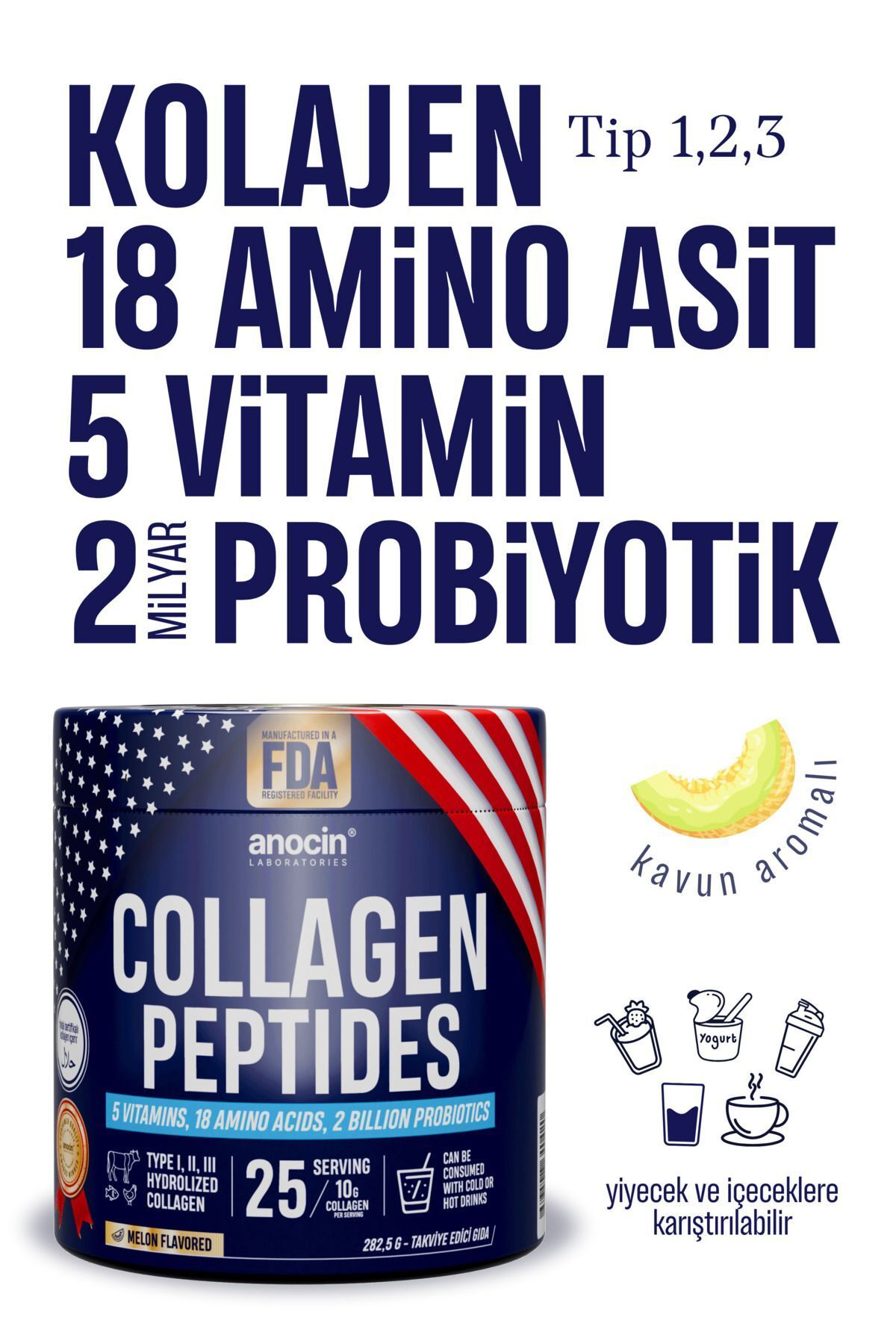 anocin Collagen Peptides+18 Amino Acid+5 Vitamin+2 Milyar Probiotics, %100 SafveDoğal Kolajen Peptit