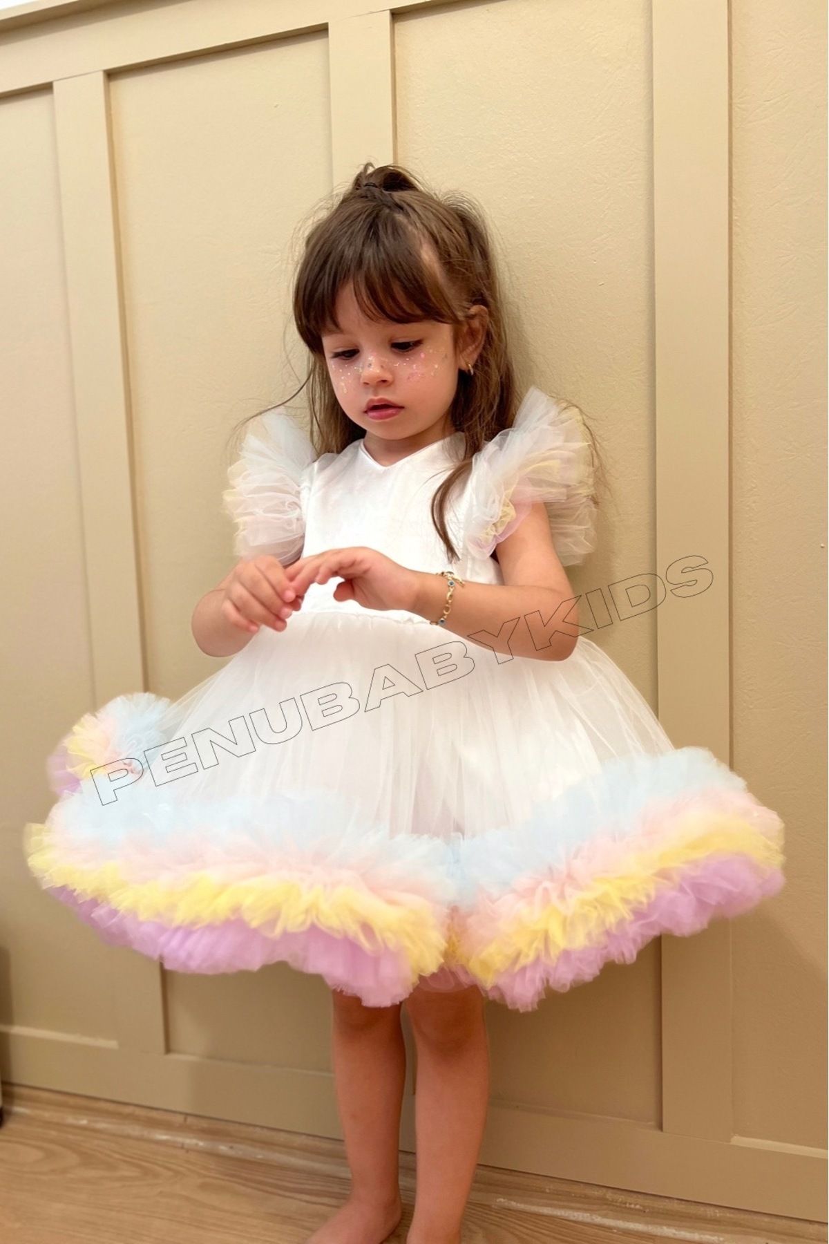 penu baby kids Beyaz Karnaval Renkli Kısa Kol Kız Bebek Elbise - Alice