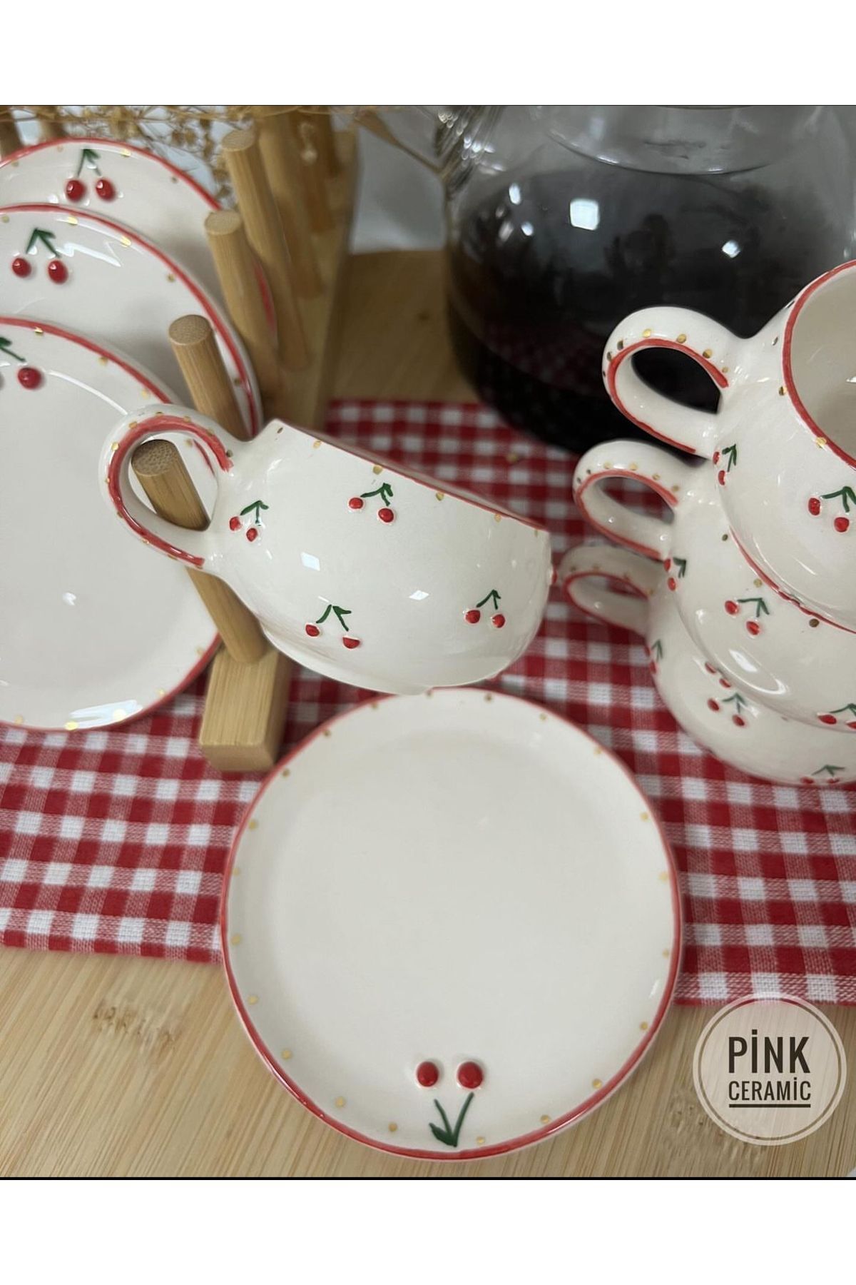 Pinkceramic Mini cherry Türk kahve fincan ve tabağı el yapımı