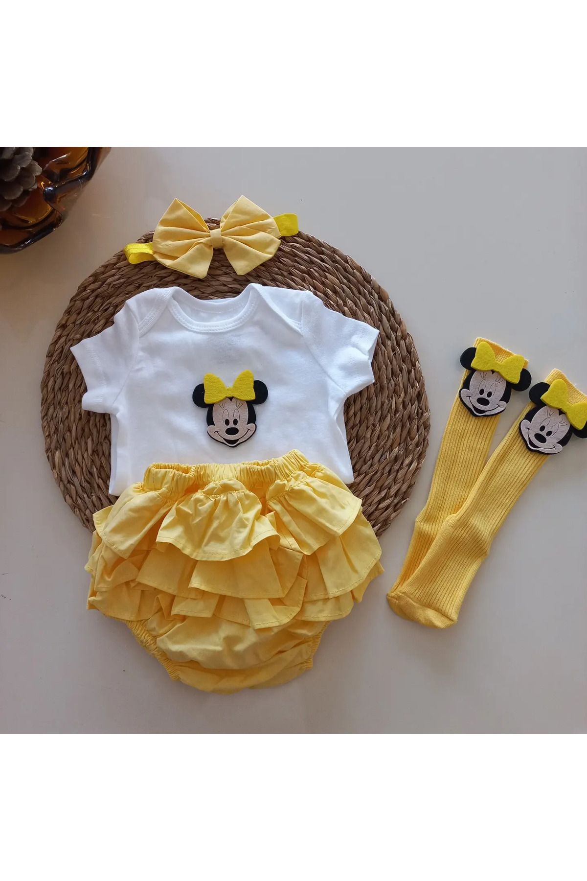 MARS BABY Kız Bebek Sarı Fırfırşort Etek Bandana Minnie Mouse Figürlü Çorap Set