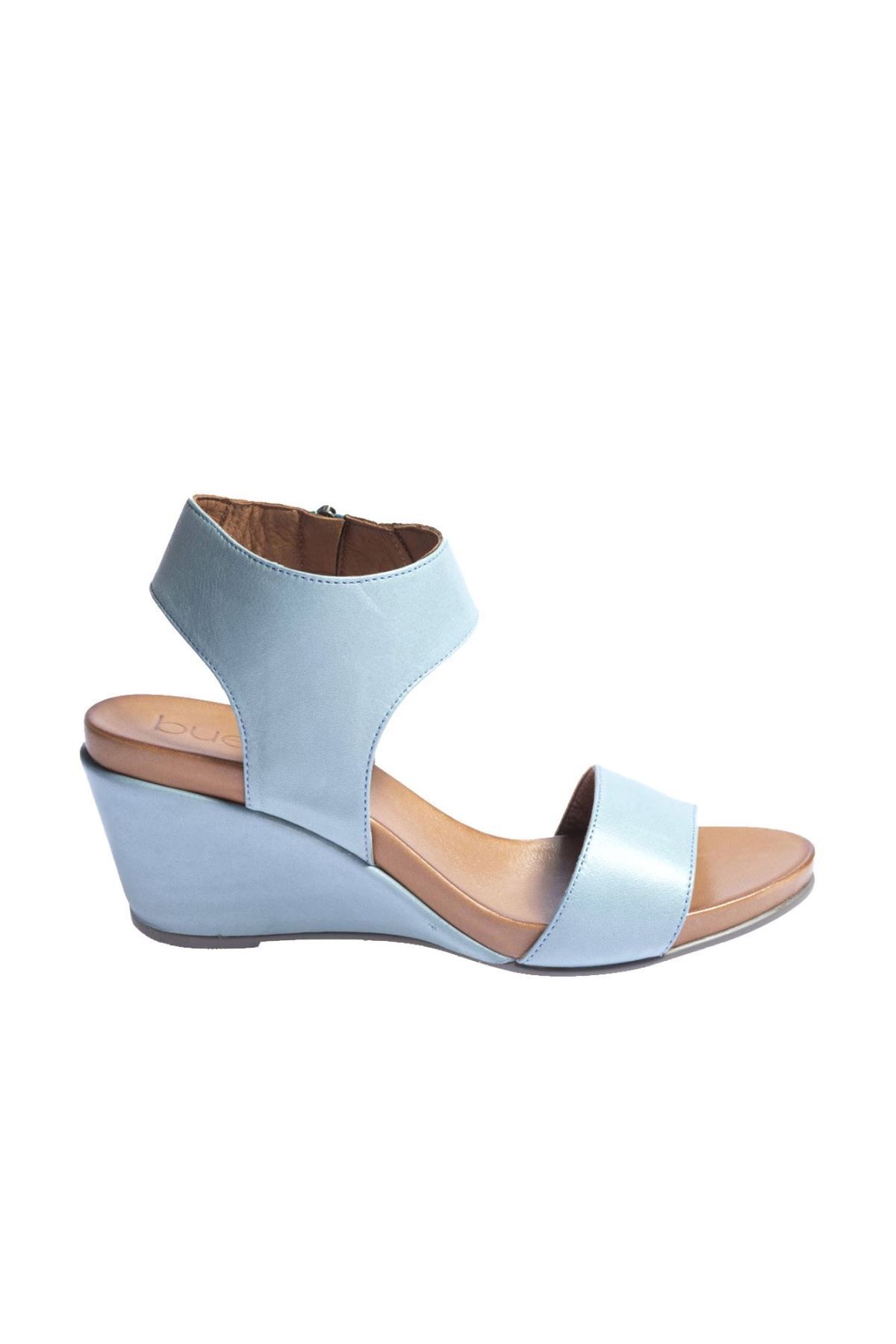 BUENO Shoes Mavi Deri Kadın Dolgu Topuklu Sandalet