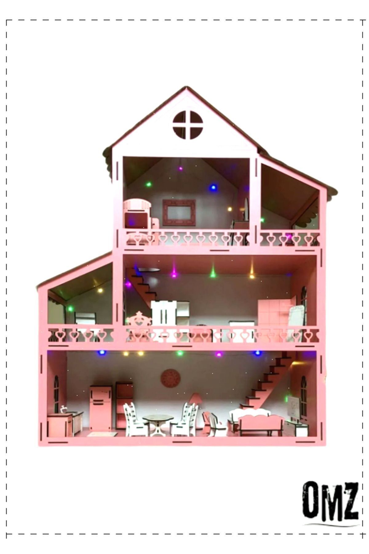 OMZ Ahşap Çocuk Oyun Evi Led Işıklı 80cm 36eşya Pembe Kız Cocuk Erkek Cocuk Egitici Montessori Oyuncakl