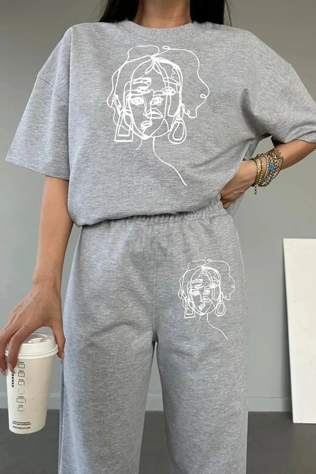 Genel Markalar Aesthetic Kadın Çizim Baskılı Eşofman Altı Ve T-shirt Alt Üst Eşofman Takımı