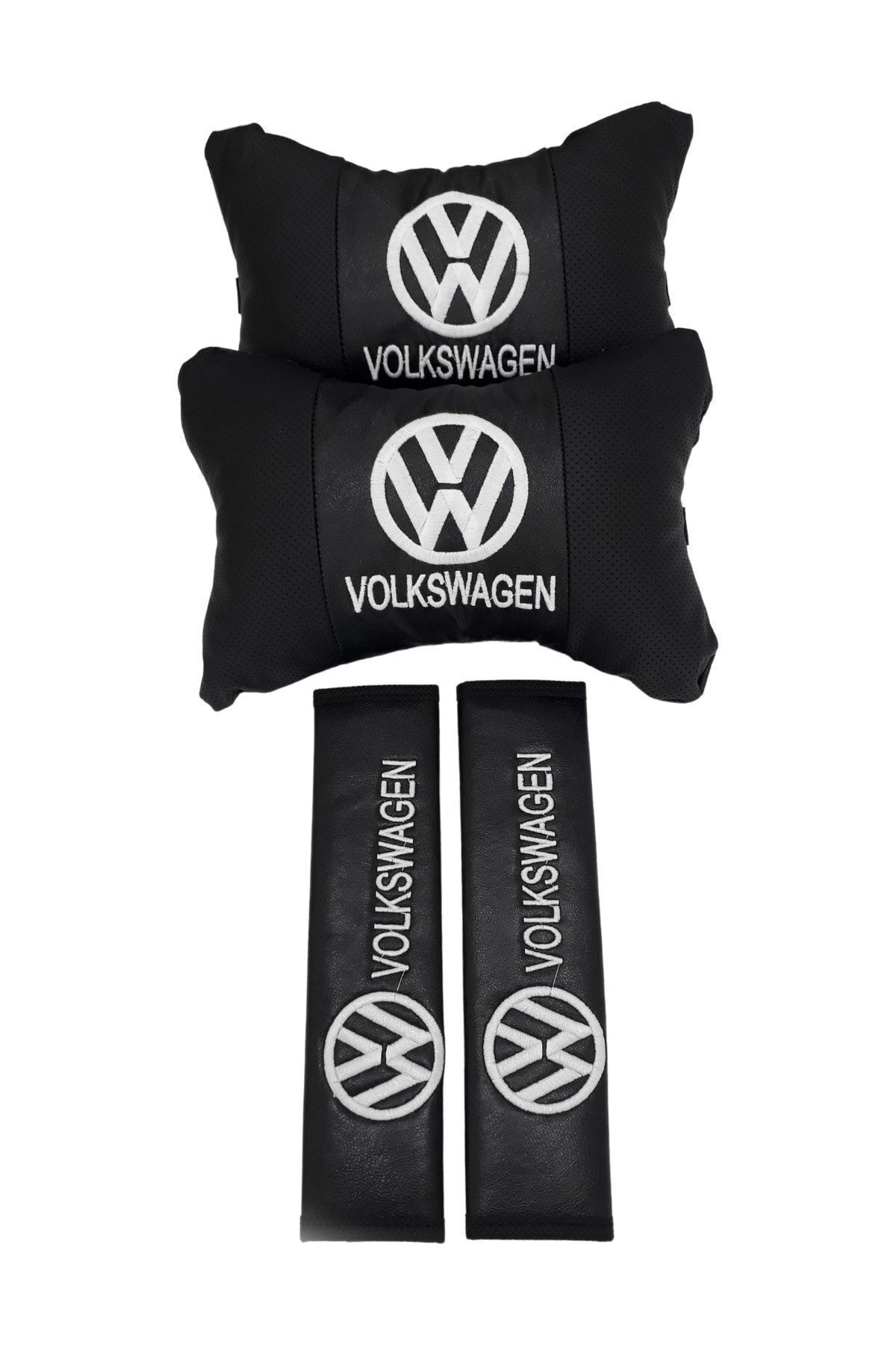 Volkswagen 2'li Ortopedik & Nakışlı Lüks Araç Seyahat Deri Boyun Yastığı / Kemer Pedi Takımı
