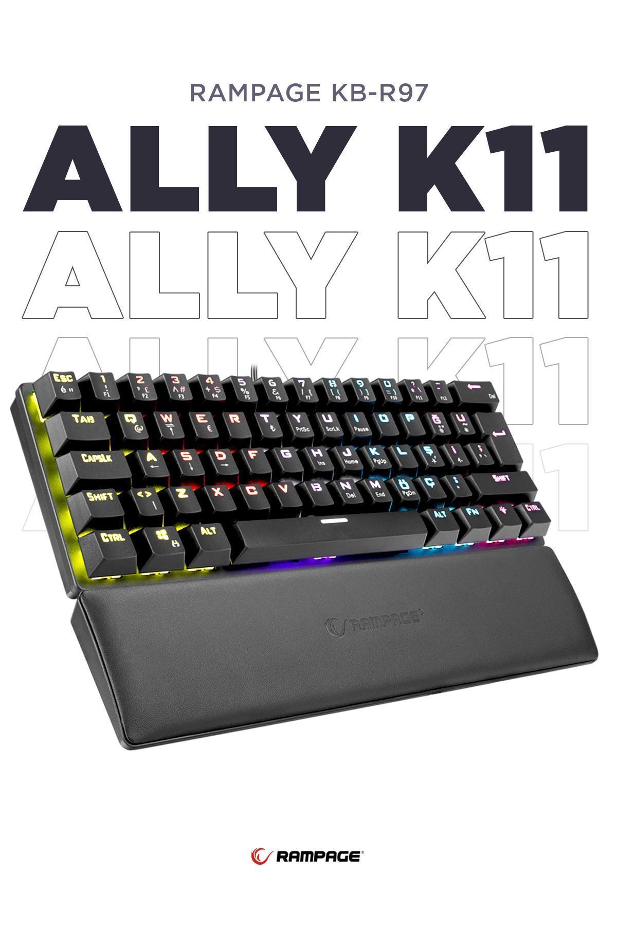 Rampage Ally K11 Siyah Rainbow Mavi Switch Mekanik Antighosting Bilek Destekli Gaming Oyuncu Klavye