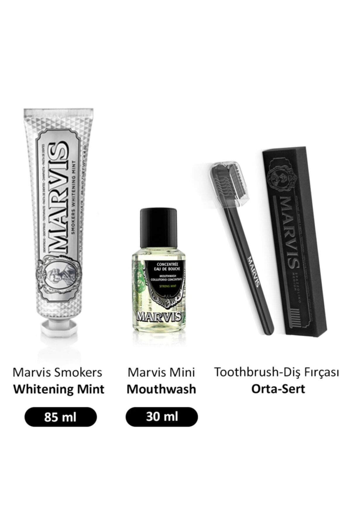 Marvis Smokers Whitening Mint Diş Macunu 85 Ml + Diş Fırçası Medium + Konsantre 30 Ml Gargara
