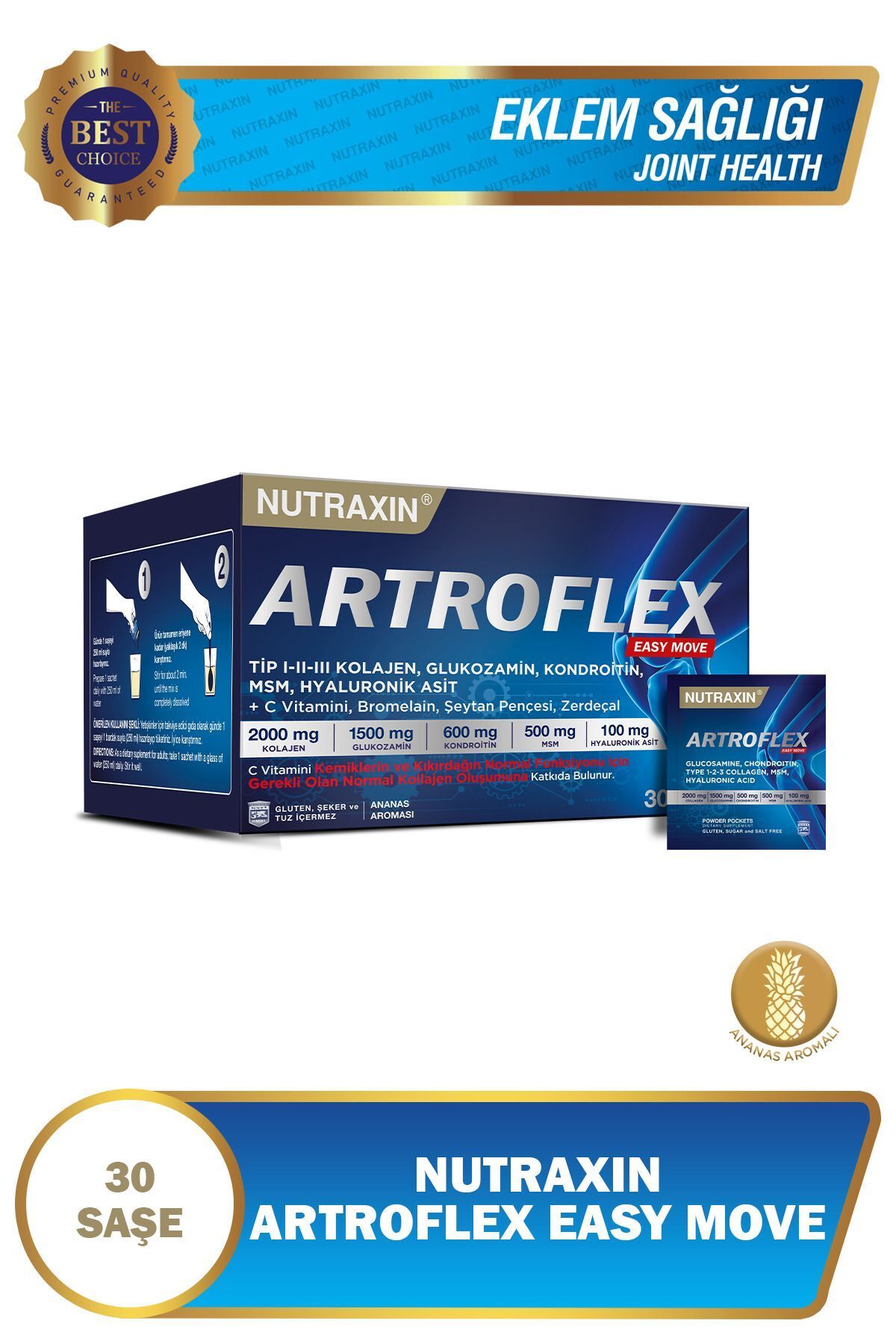 Nutraxin Artroflex Easy Move Saşe 30x6 gr - Glukozamin, Kondroitin, MSM, Bromelain, Kolajen, Bamya Çiçeği