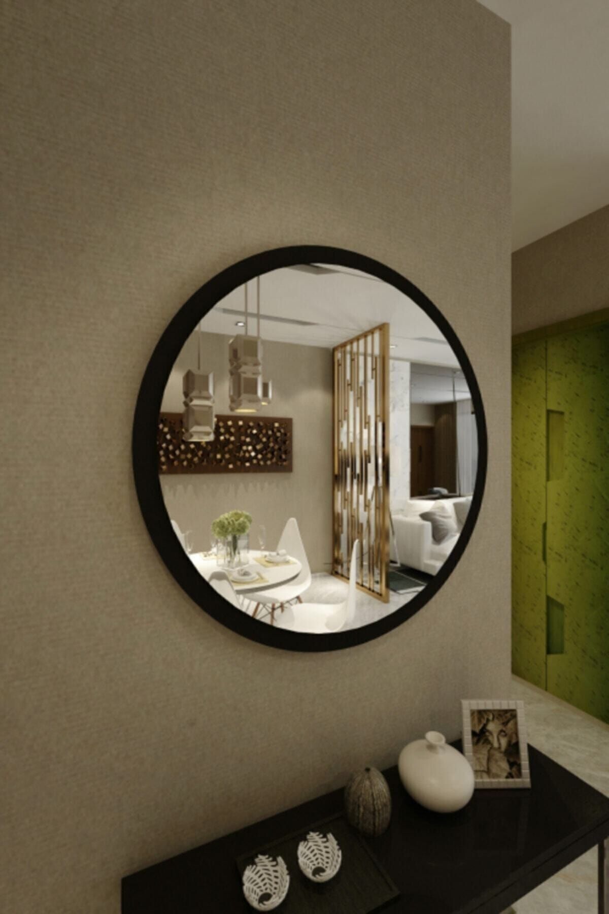 woodstore Siyah Dekoratif Yuvarlak Antre Hol Koridor Duvar Salon Mutfak Banyo Wc Ofis Aynası 45 Cm